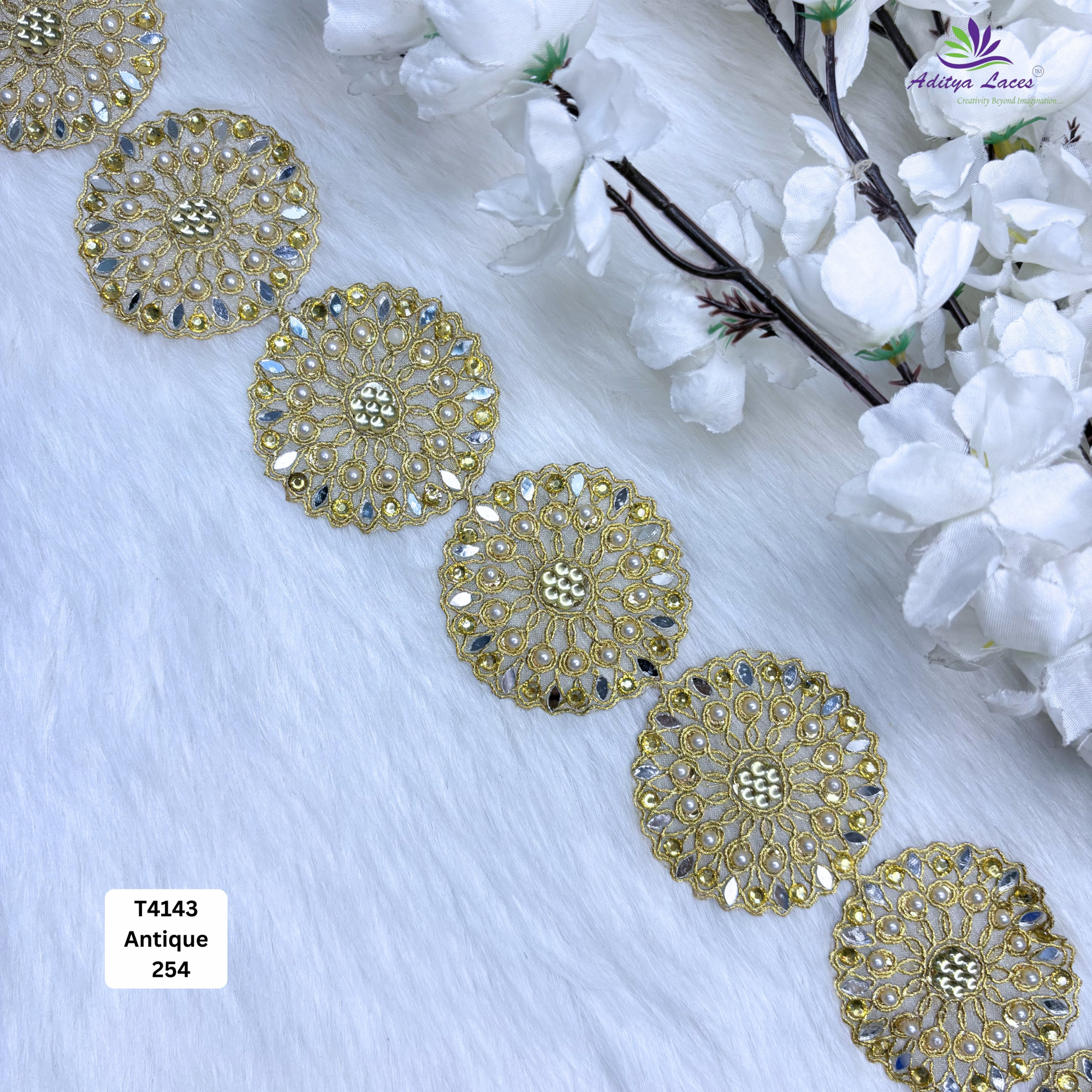 Premium Golden Tissue Circular Embroidery Lace Trim Designer Saree Border Bridal Decorative Lace for Ethnic Fashion Wholesale Supplier