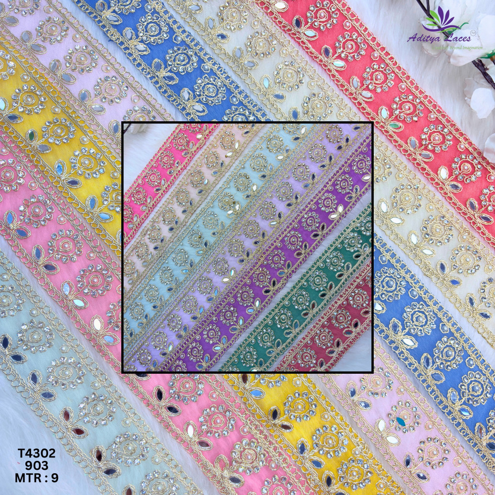 Image of Designer Multicolor Tissue 6 Sequence Floral Mirror Lace Border for Sarees &amp; Bridal Wear – Sparkling Ethnic Trim