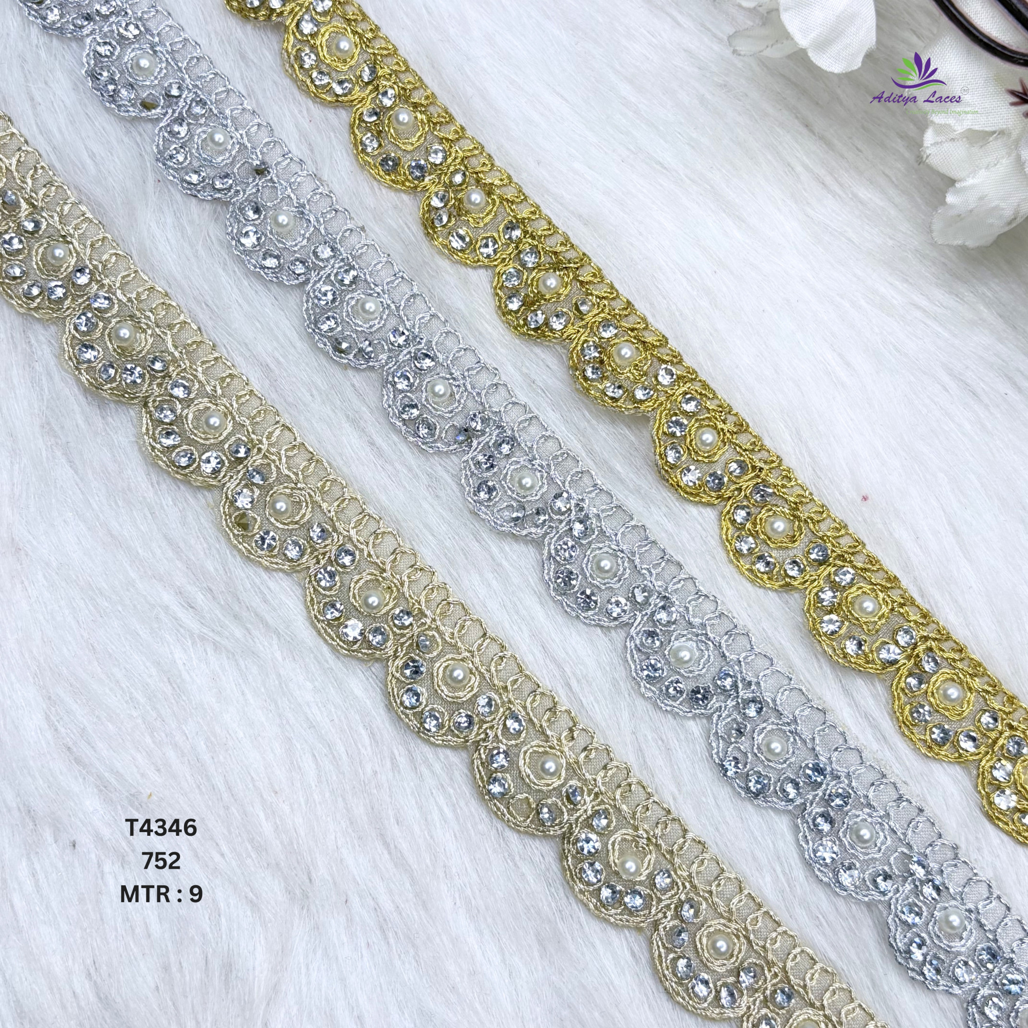 Designer Tissue Handwork Scalloped Circular Rosette Lace Border for Heavy Bridal Sarees Concentric Pearl Stone Work Trim