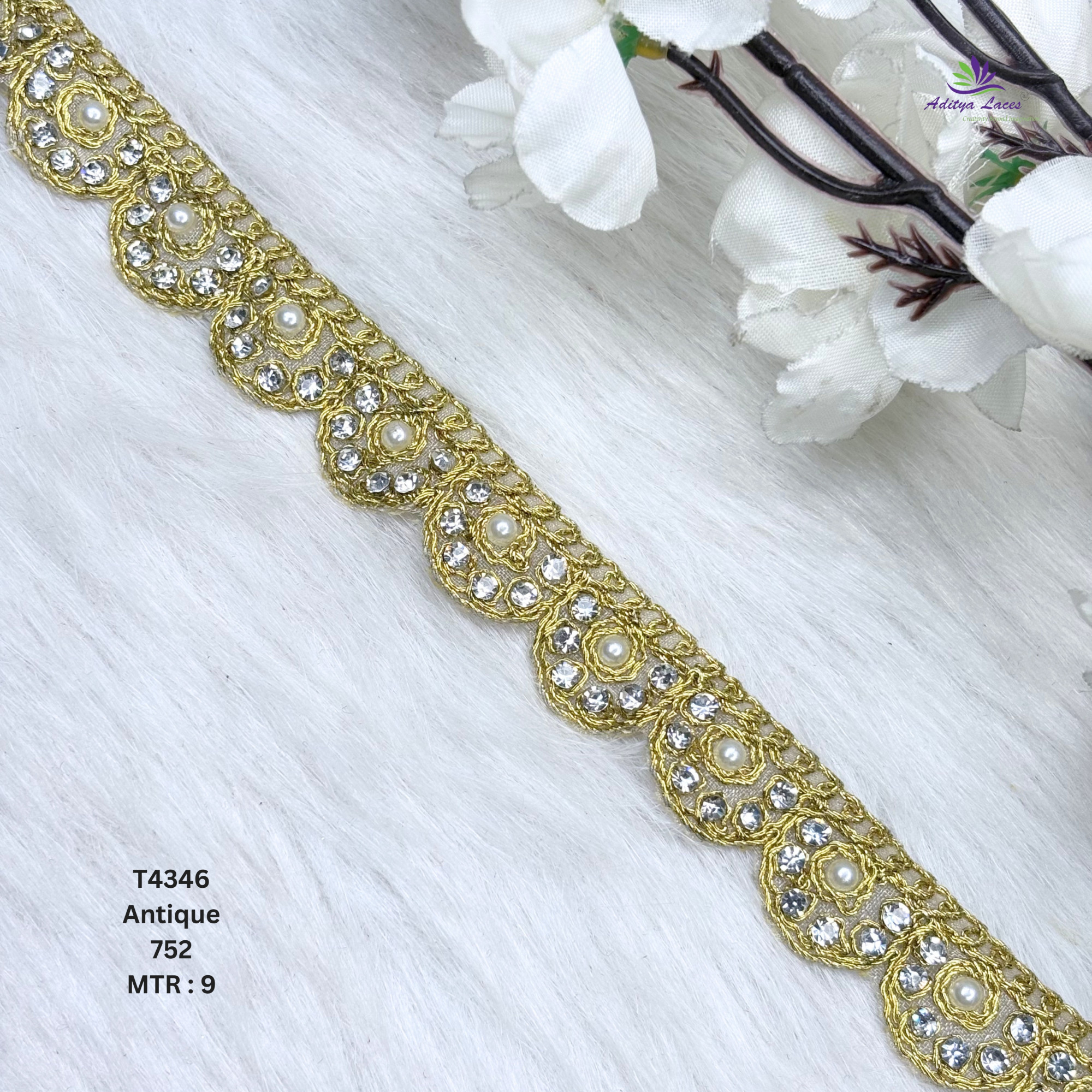 Designer Tissue Handwork Scalloped Circular Rosette Lace Border for Heavy Bridal Sarees Concentric Pearl Stone Work Trim