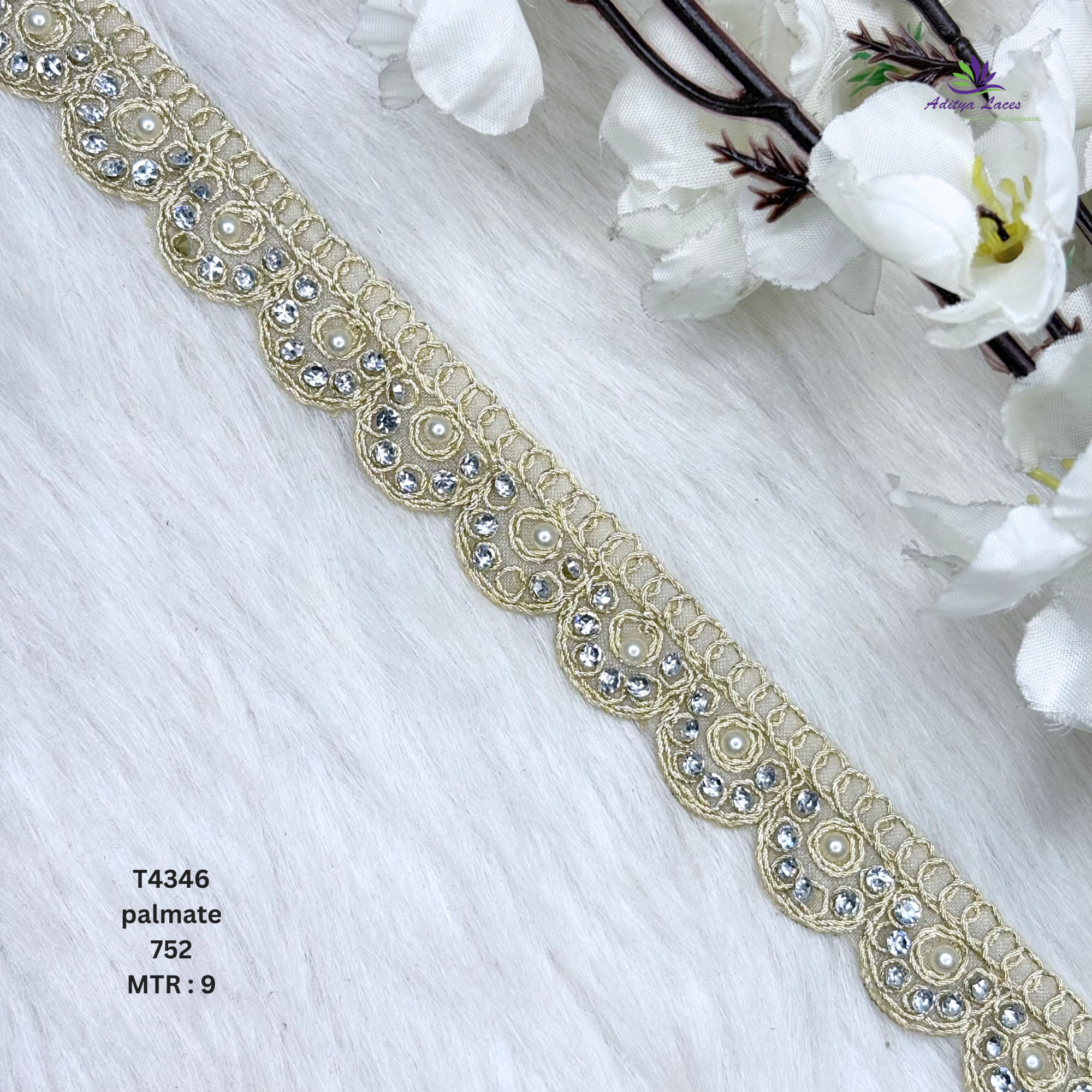 Designer Tissue Handwork Scalloped Circular Rosette Lace Border for Heavy Bridal Sarees Concentric Pearl Stone Work Trim