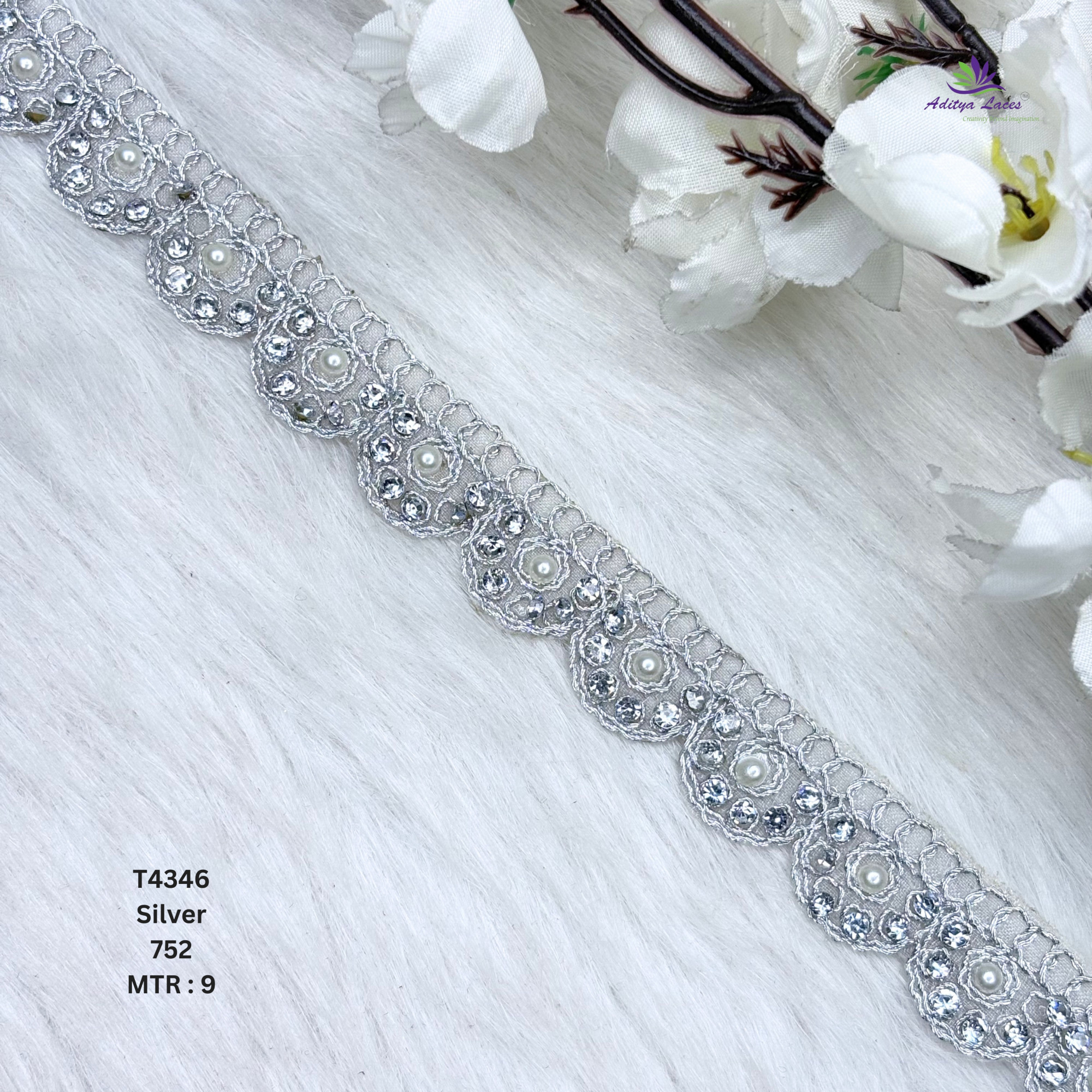 Designer Tissue Handwork Scalloped Circular Rosette Lace Border for Heavy Bridal Sarees Concentric Pearl Stone Work Trim