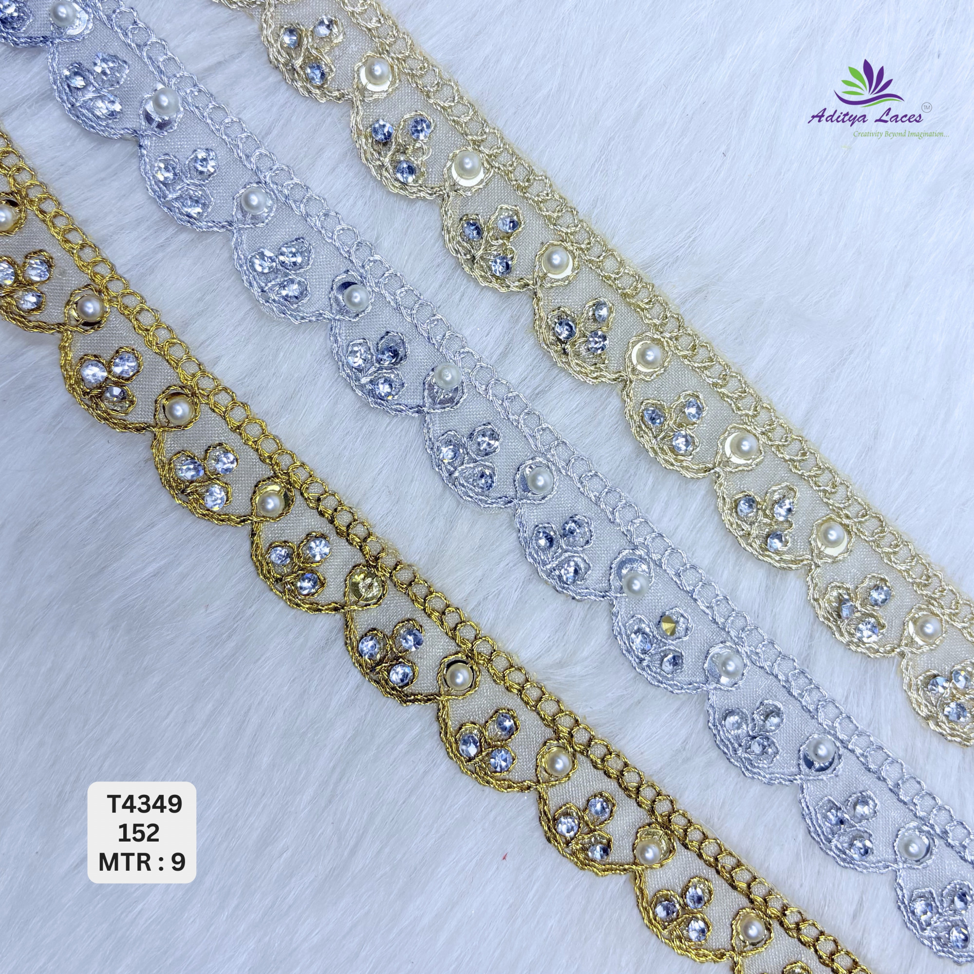 Designer Tissue Handwork Scalloped Triad Floral Lace Border for Heavy Bridal Sarees GoldSilver Pearl Stone Work Trim