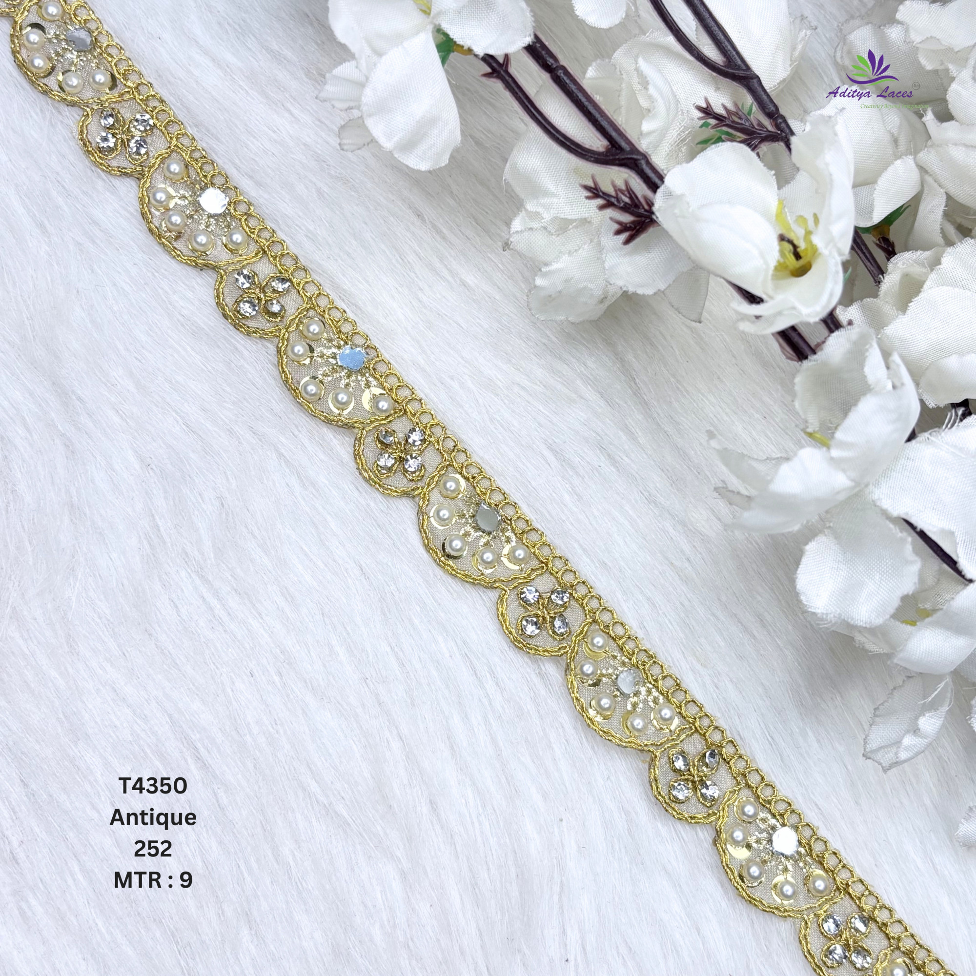 Designer Tissue Handwork Scalloped Medallion Lace Border for Heavy Bridal Sarees Lehengas GoldSilver Beaded Stone Work Trim