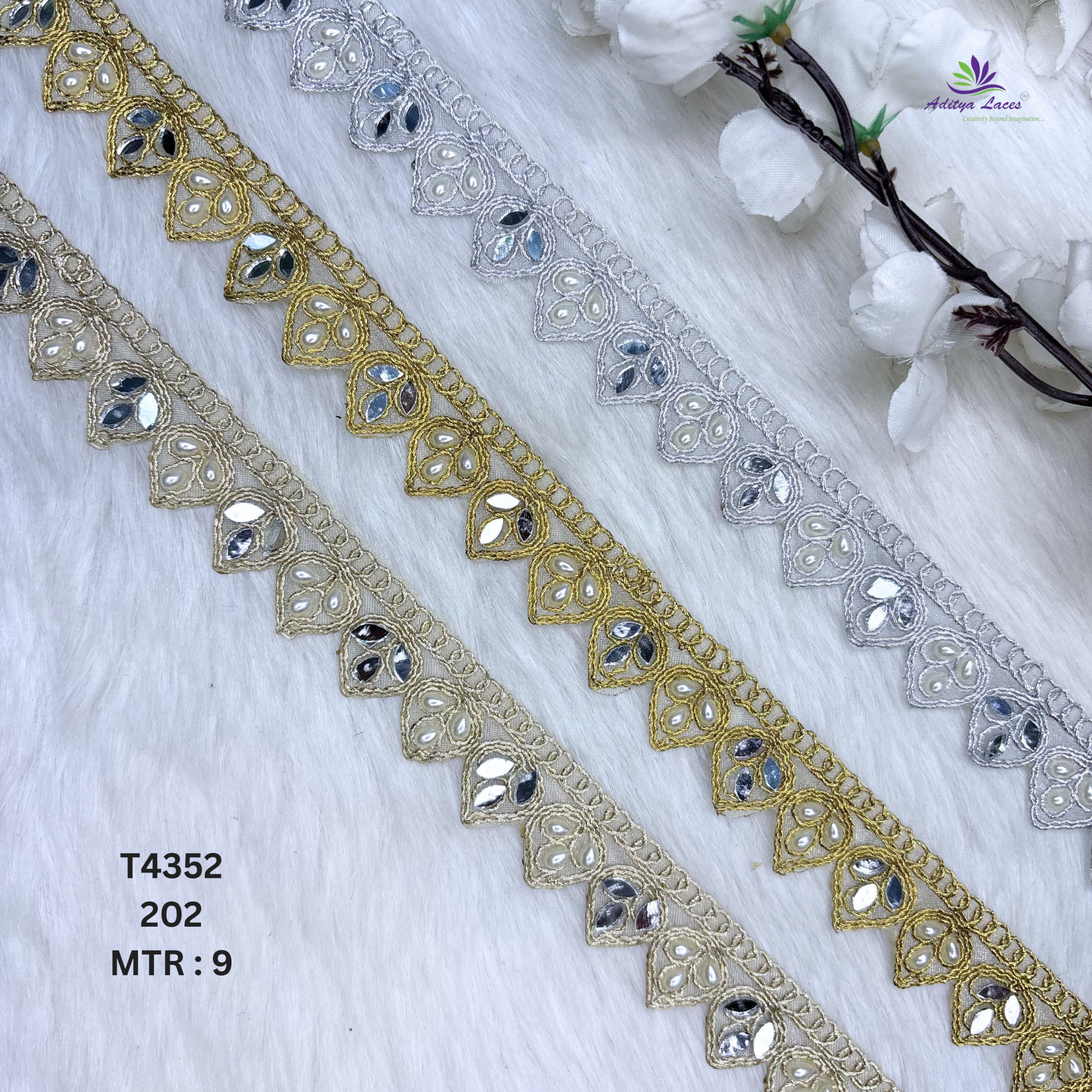 Gold Silver Tissue Handwork Mirror Scalloped Lace Trim Designer Saree Border Bridal Decorative Beads Lace