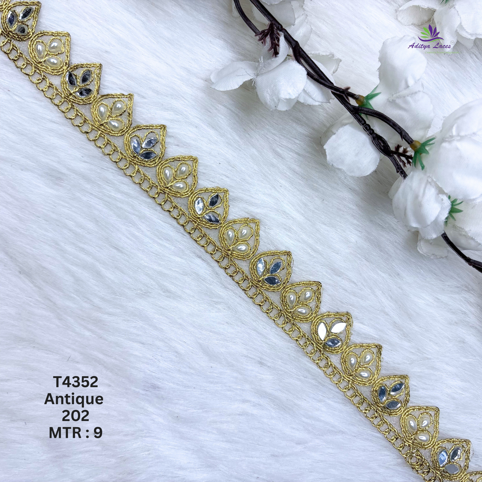 Gold Silver Tissue Handwork Mirror Scalloped Lace Trim Designer Saree Border Bridal Decorative Beads Lace