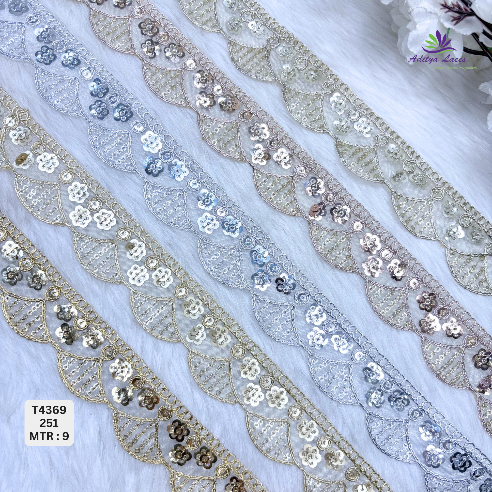 Designer Tissue 6 SQ Deeply Scalloped Floral-Rosette Lace Border for Heavy Bridal Sarees Intricate Circle Motif Sequin Work Trim Wholesale Ethnic Fashion Accessories