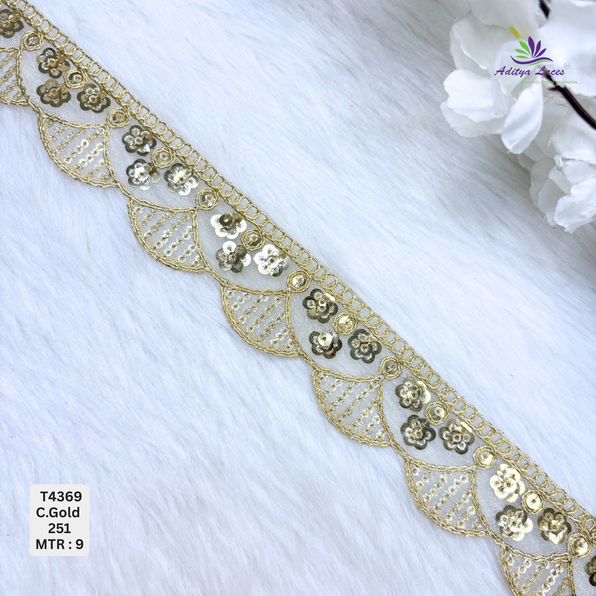 Designer Tissue 6 SQ Deeply Scalloped Floral-Rosette Lace Border for Heavy Bridal Sarees Intricate Circle Motif Sequin Work Trim Wholesale Ethnic Fashion Accessories
