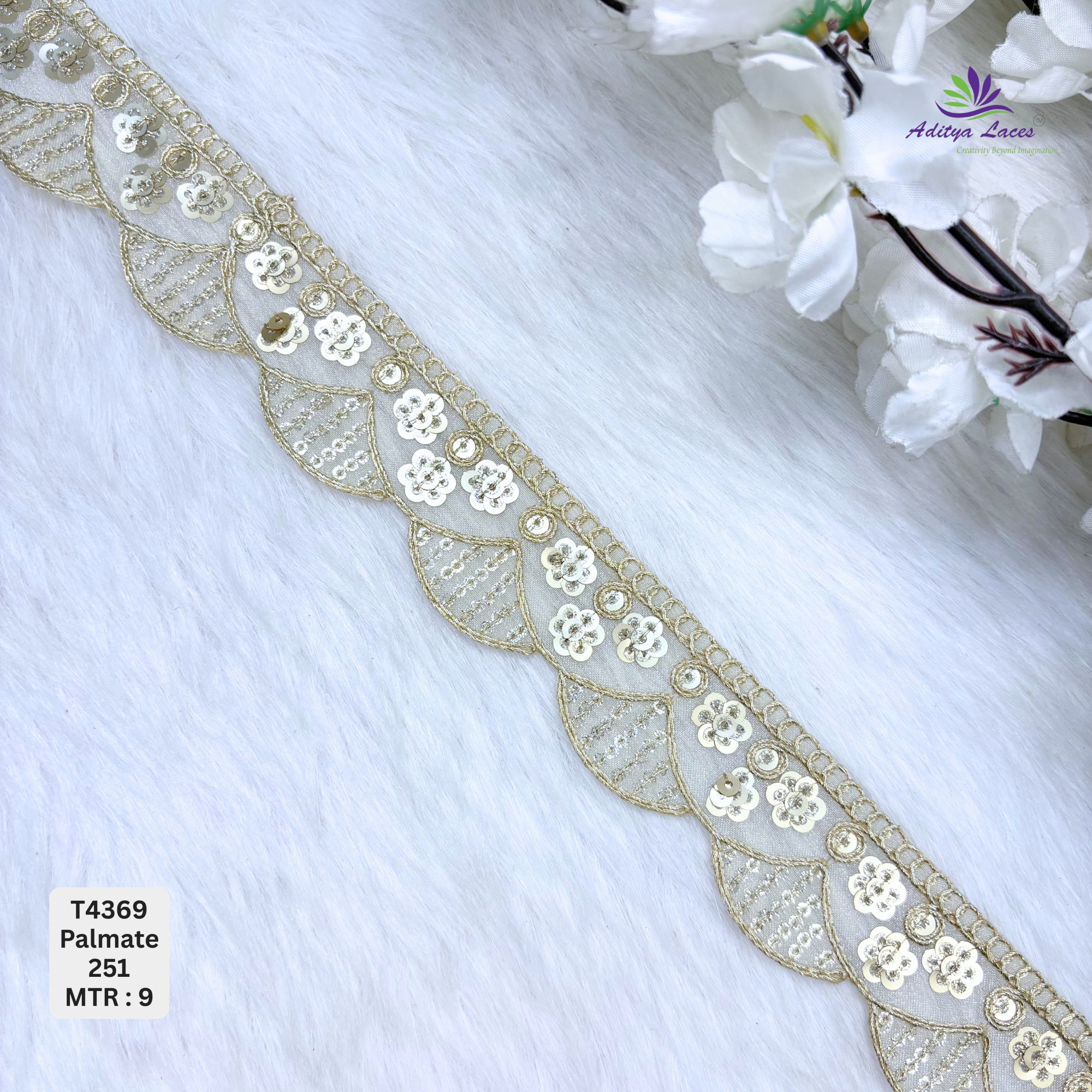 Designer Tissue 6 SQ Deeply Scalloped Floral-Rosette Lace Border for Heavy Bridal Sarees Intricate Circle Motif Sequin Work Trim Wholesale Ethnic Fashion Accessories