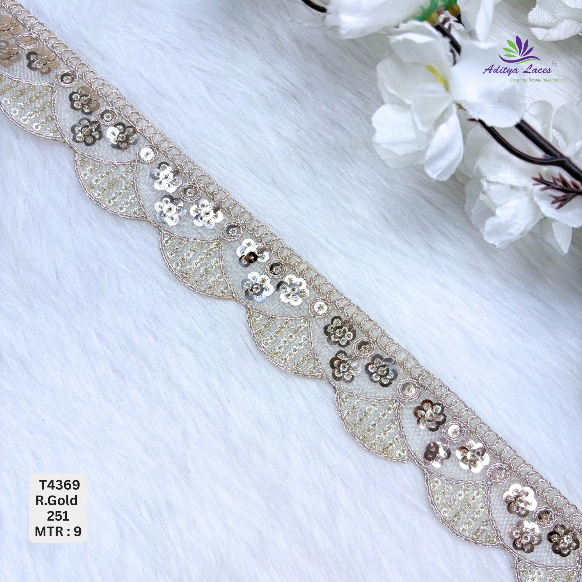Designer Tissue 6 SQ Deeply Scalloped Floral-Rosette Lace Border for Heavy Bridal Sarees Intricate Circle Motif Sequin Work Trim Wholesale Ethnic Fashion Accessories