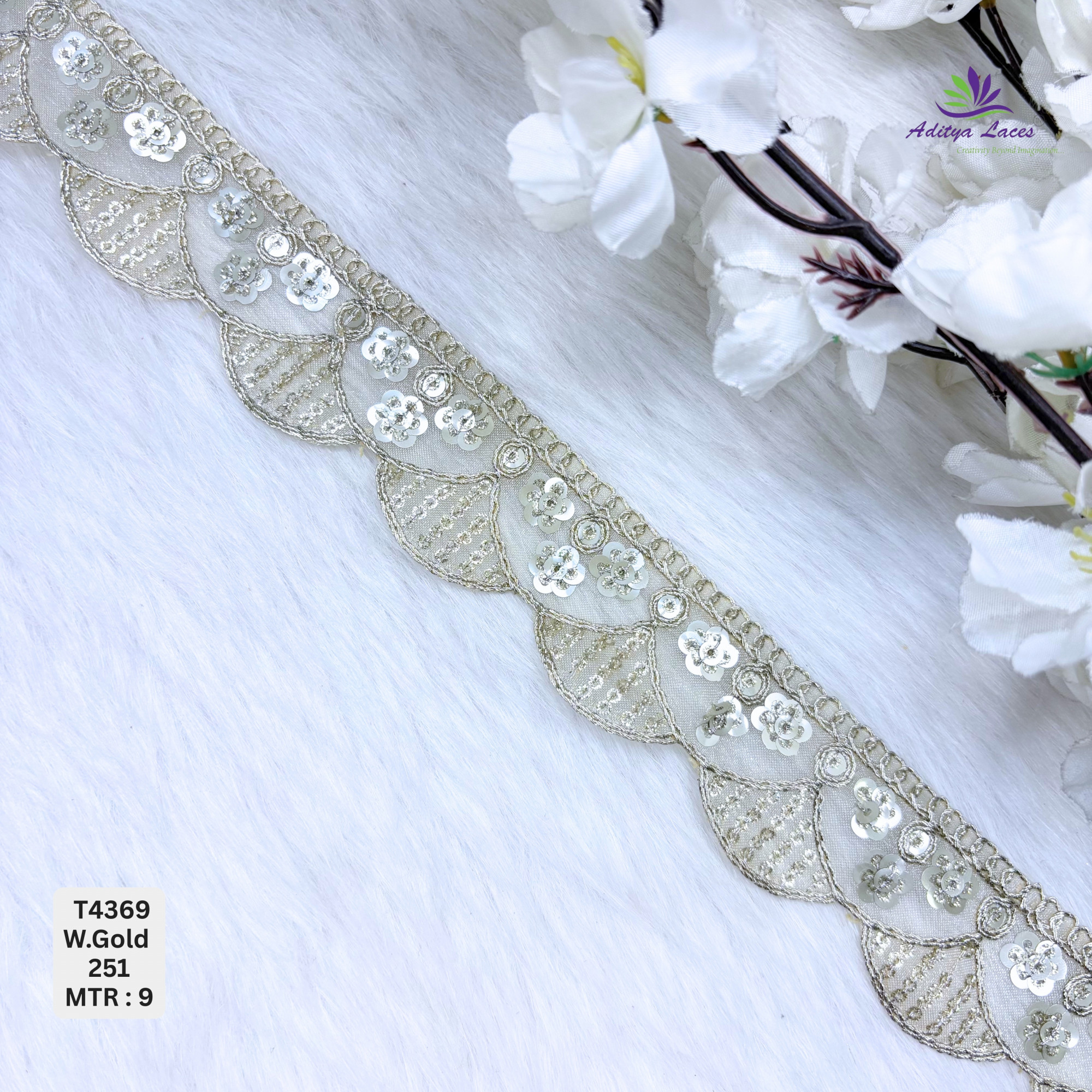 Designer Tissue 6 SQ Deeply Scalloped Floral-Rosette Lace Border for Heavy Bridal Sarees Intricate Circle Motif Sequin Work Trim Wholesale Ethnic Fashion Accessories