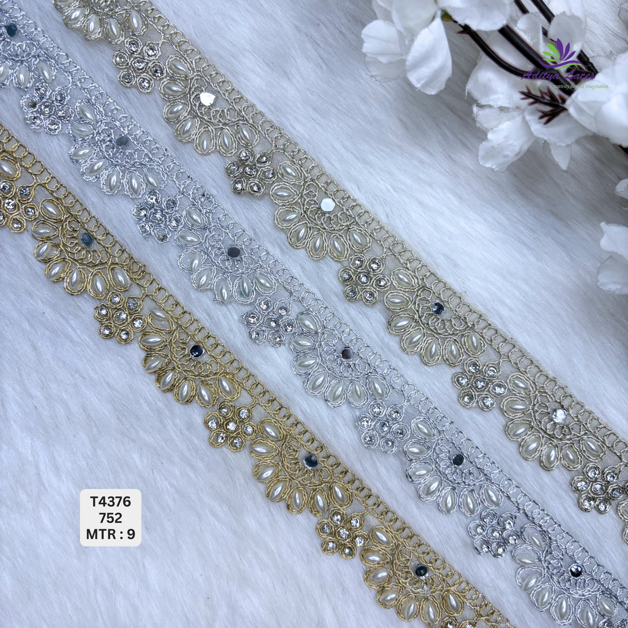 Designer Tissue Handwork Scalloped Daisy Rosette Lace Border for Heavy Bridal Sarees Pearl Stone Floral Work Trim