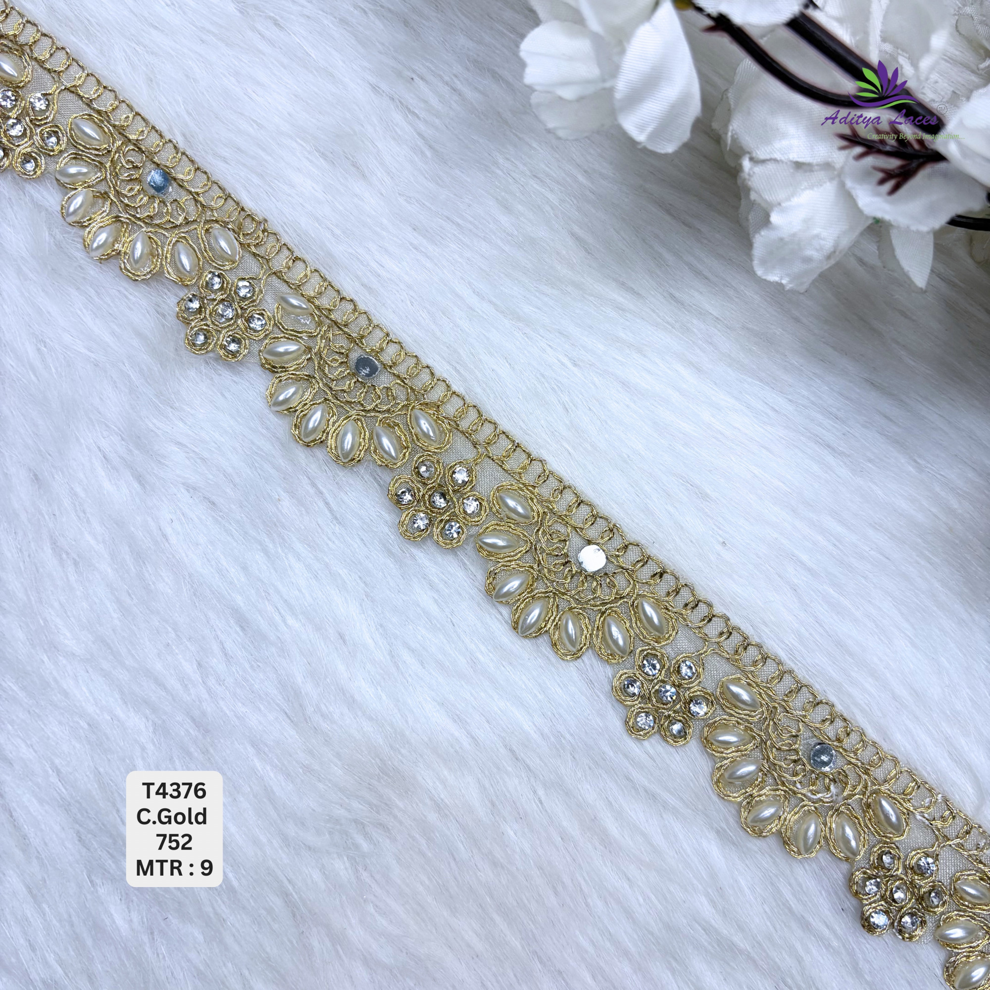 Designer Tissue Handwork Scalloped Daisy Rosette Lace Border for Heavy Bridal Sarees Pearl Stone Floral Work Trim
