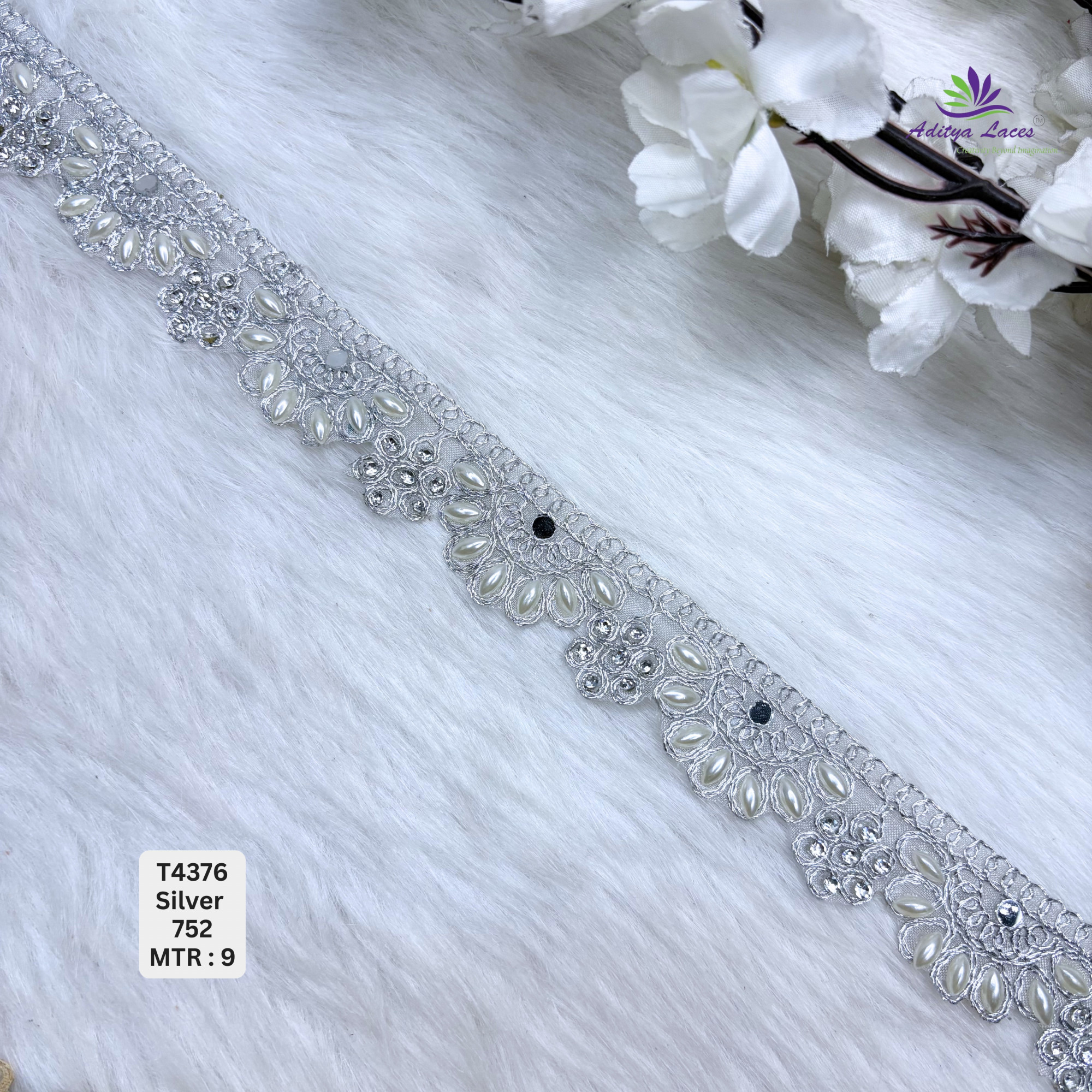 Designer Tissue Handwork Scalloped Daisy Rosette Lace Border for Heavy Bridal Sarees Pearl Stone Floral Work Trim