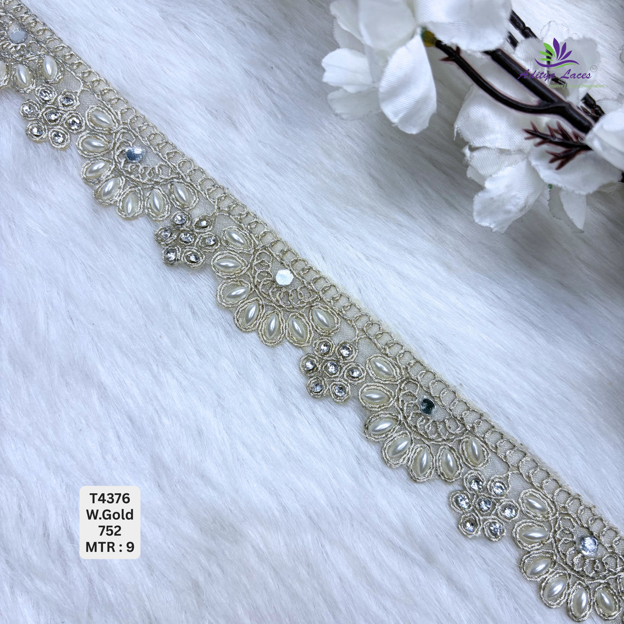Designer Tissue Handwork Scalloped Daisy Rosette Lace Border for Heavy Bridal Sarees Pearl Stone Floral Work Trim