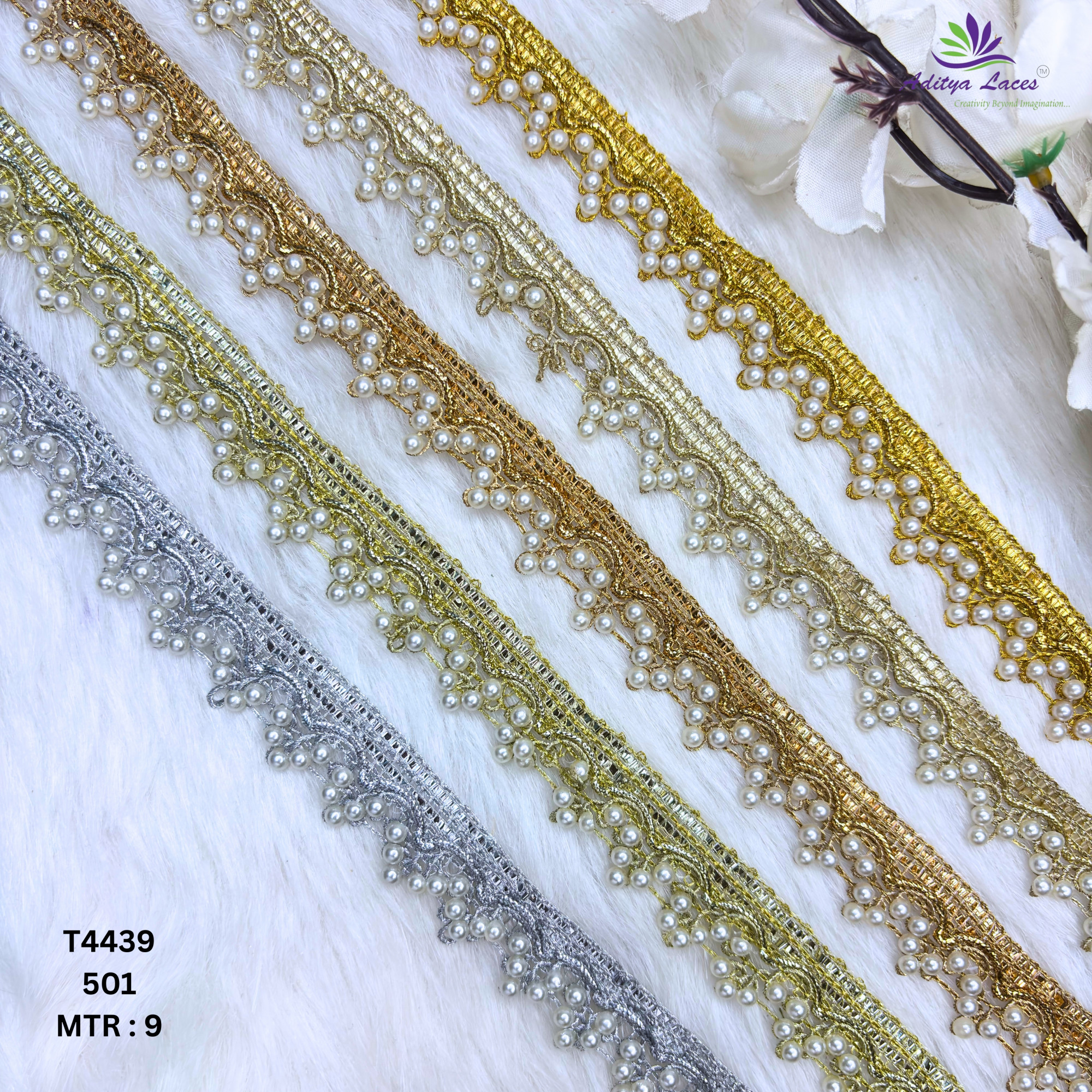 Gold Readymade Pearl Beaded Lace Trim Designer Saree Borders Bridal Fabric Embellishments
