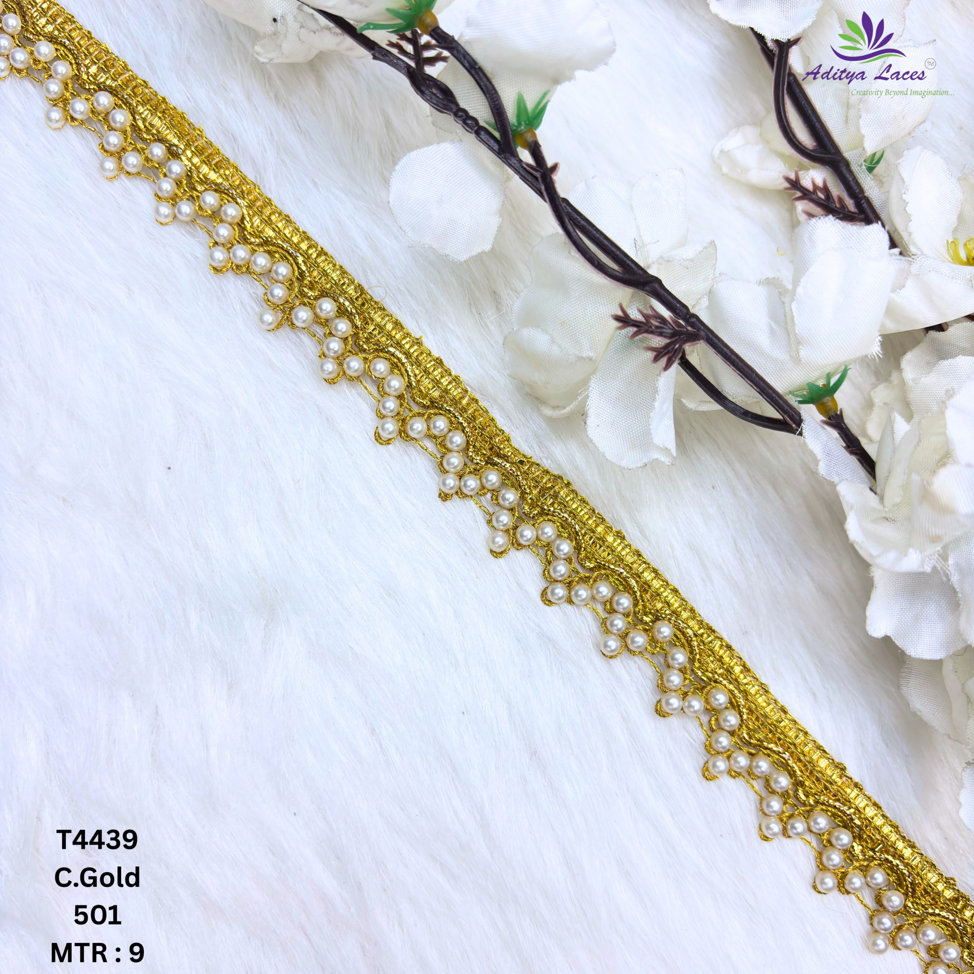 Gold Readymade Pearl Beaded Lace Trim Designer Saree Borders Bridal Fabric Embellishments