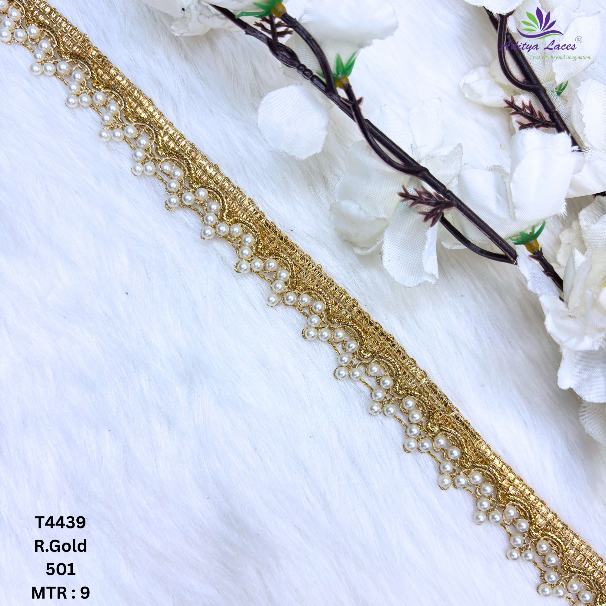 Gold Readymade Pearl Beaded Lace Trim Designer Saree Borders Bridal Fabric Embellishments