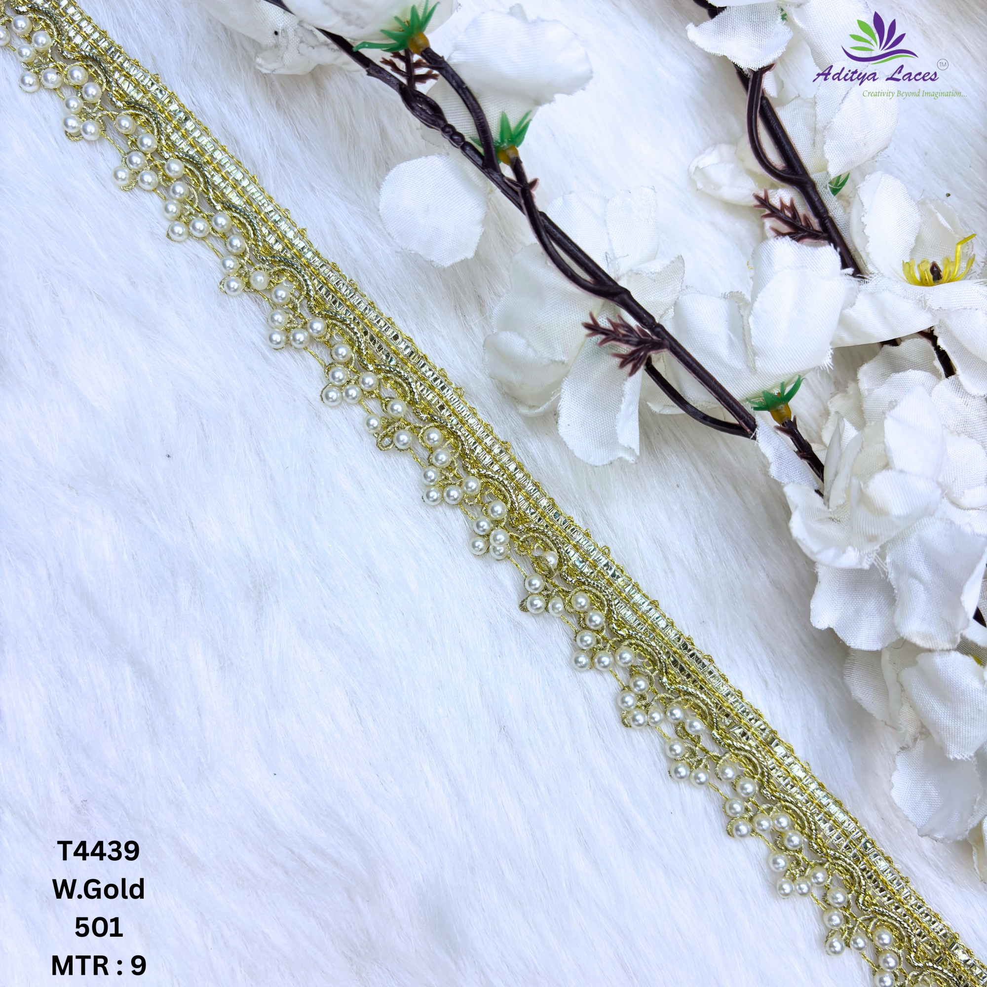 Gold Readymade Pearl Beaded Lace Trim Designer Saree Borders Bridal Fabric Embellishments