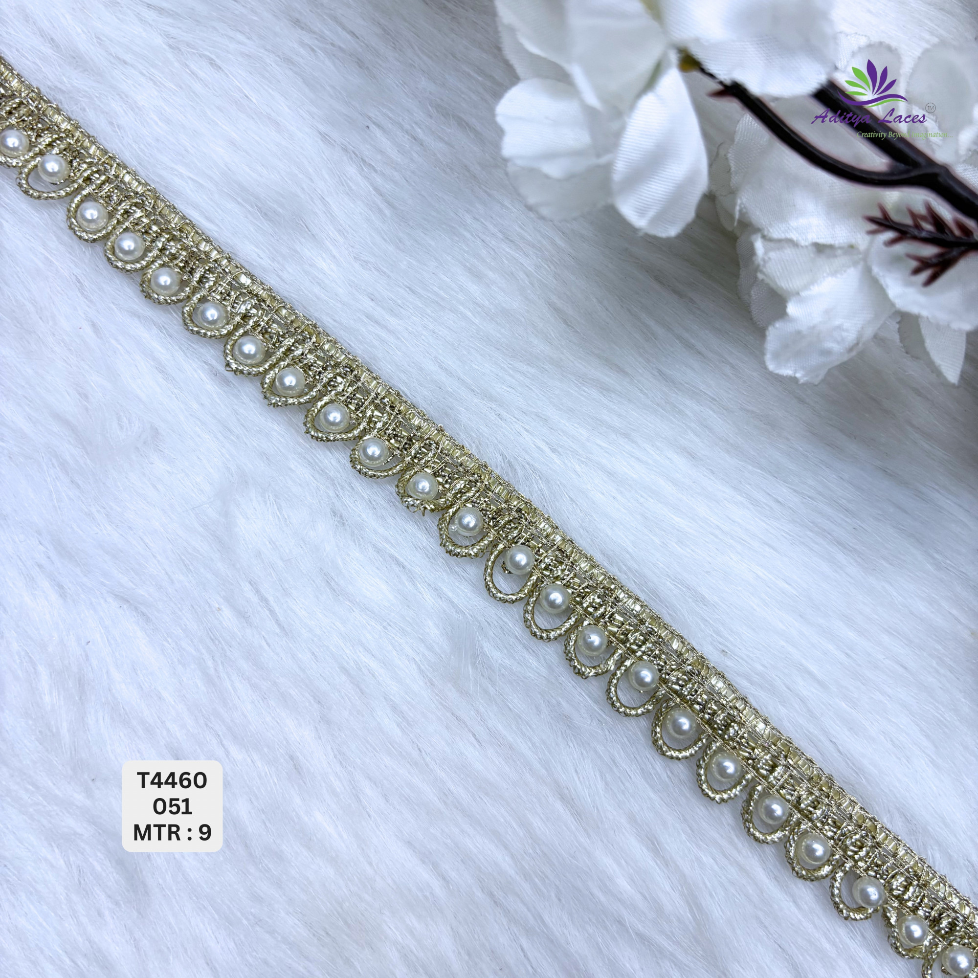 Designer Readymade Gold Pearl Scalloped Arch Lace Border for Sarees Bridal Wear Metallic Loop Embellished Trim