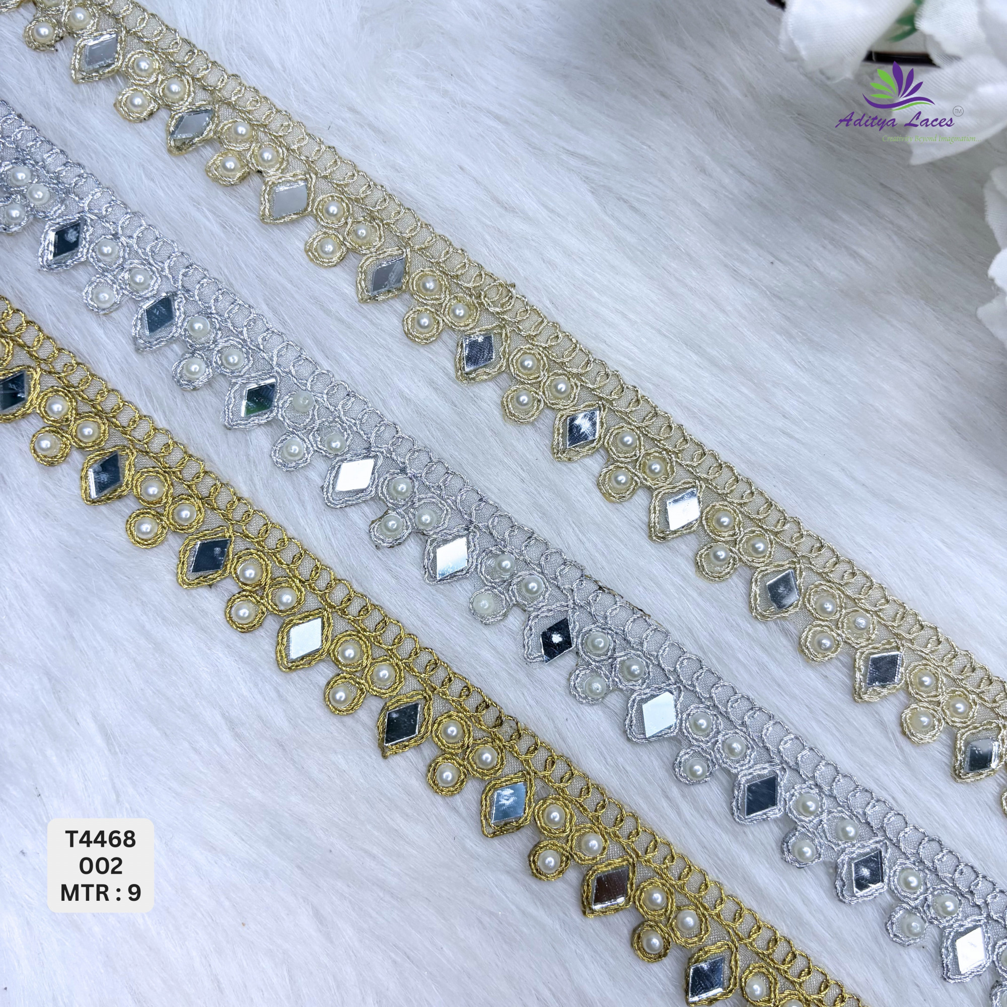 Designer Tissue Handwork Diamond-Pearl Scalloped Lace Border for Heavy Bridal Sarees Lehengas Geometric Mirror Stone Work Trim