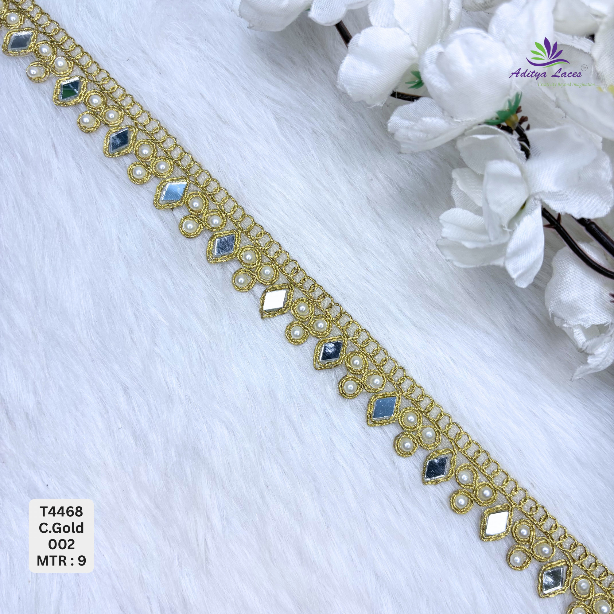 Designer Tissue Handwork Diamond-Pearl Scalloped Lace Border for Heavy Bridal Sarees Lehengas Geometric Mirror Stone Work Trim