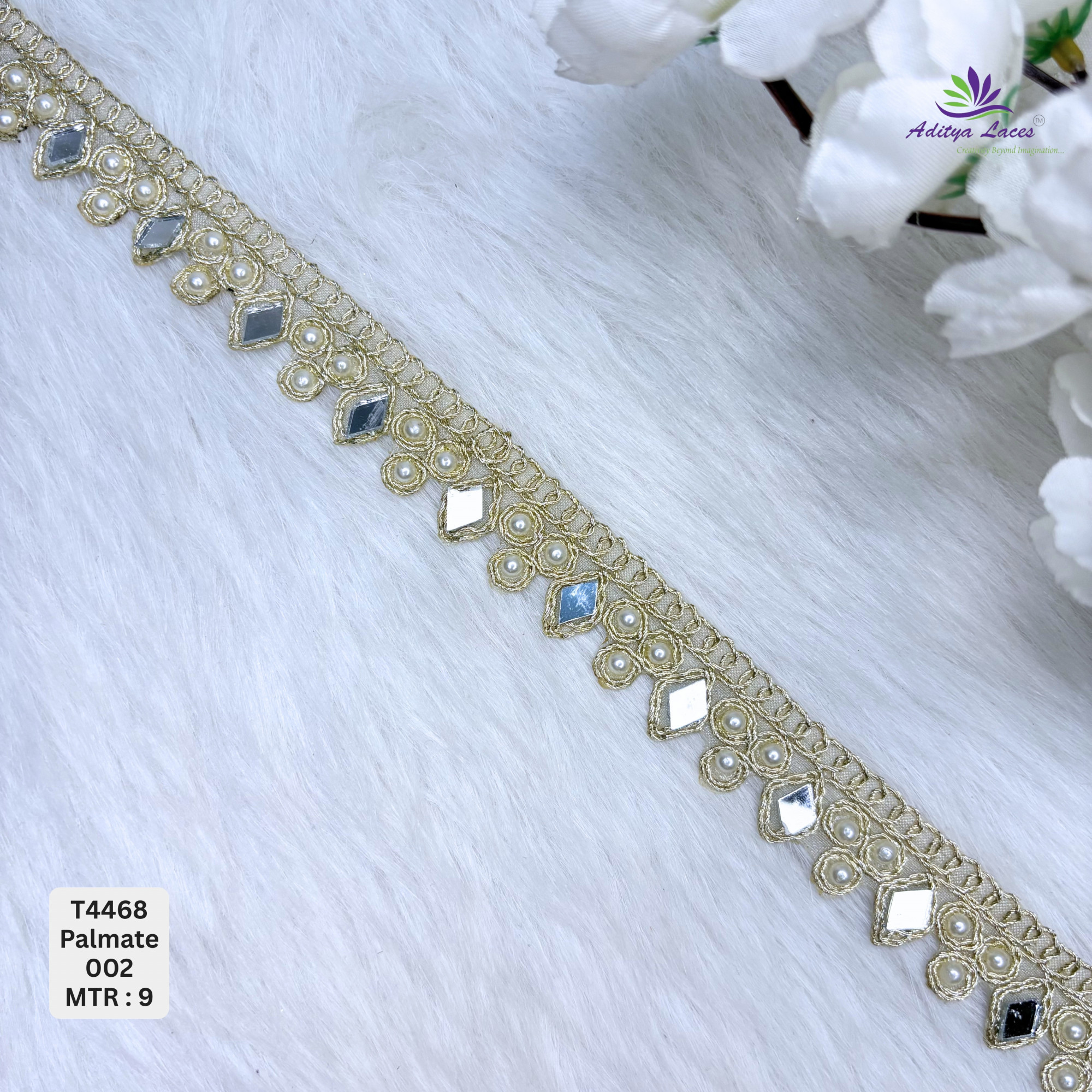 Designer Tissue Handwork Diamond-Pearl Scalloped Lace Border for Heavy Bridal Sarees Lehengas Geometric Mirror Stone Work Trim