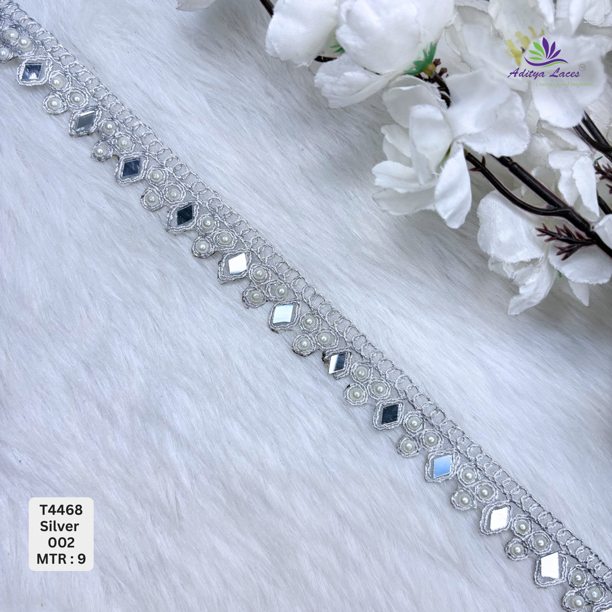 Designer Tissue Handwork Diamond-Pearl Scalloped Lace Border for Heavy Bridal Sarees Lehengas Geometric Mirror Stone Work Trim