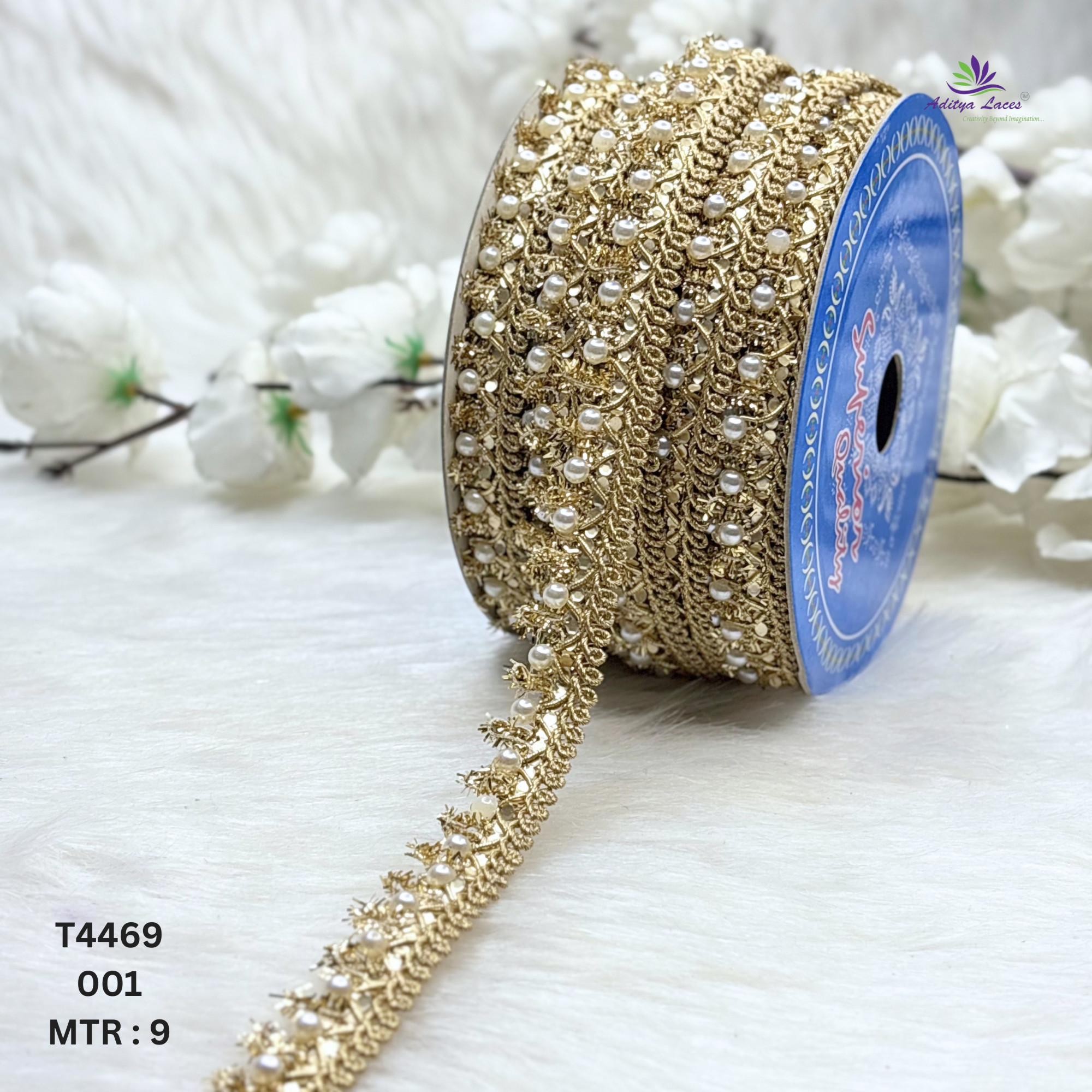 Moti Pearl Beads Lace Trim Golden Designer Saree Border Bridal Decorative Lace Ethnic Fashion Trim