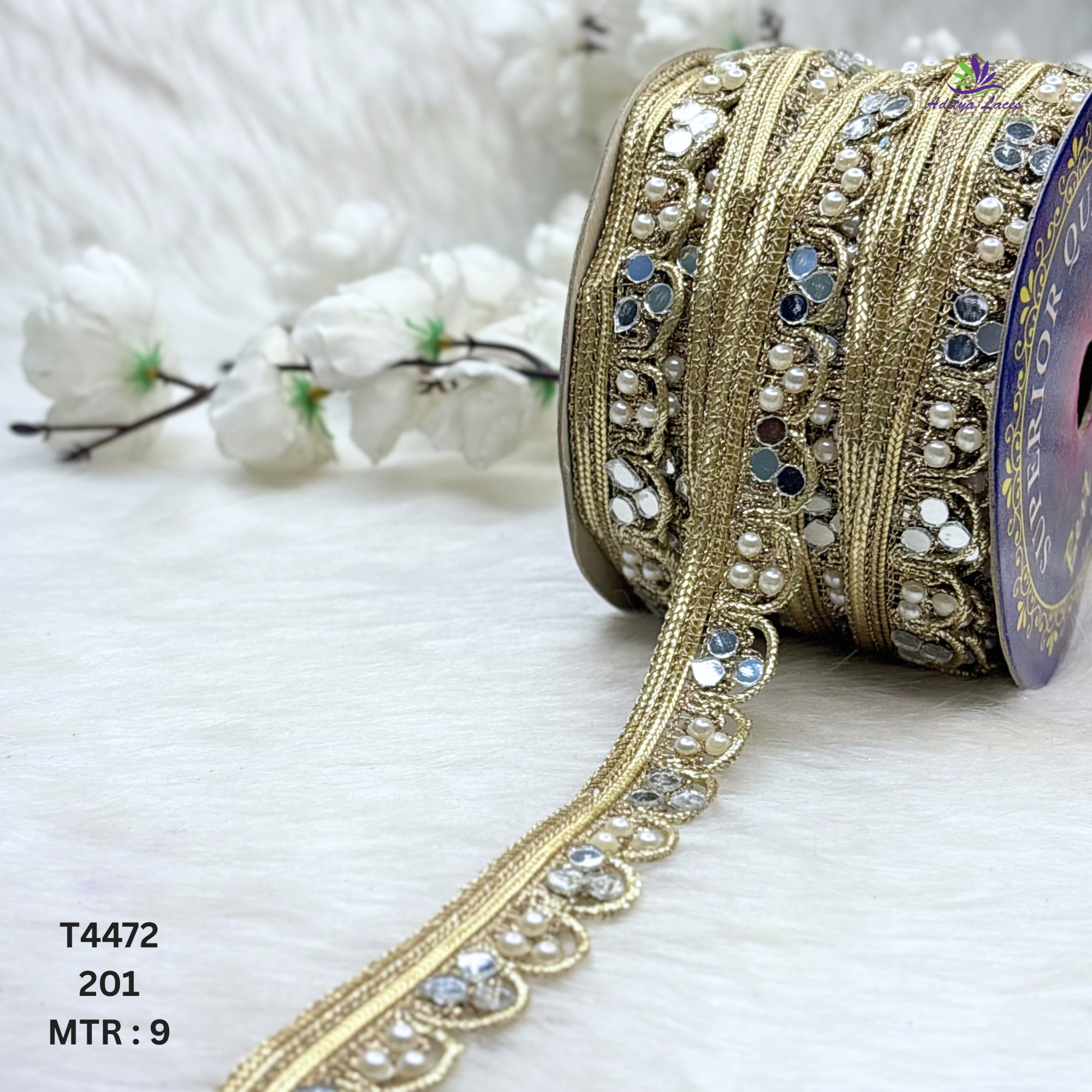 Moti Mirror Pearl Beads Lace Trim Designer Saree Border Bridal Decorative Lace Ethnic Fashion Trim