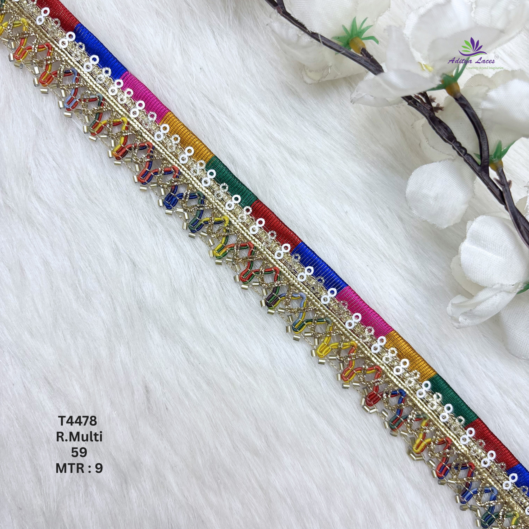 Multicolor Readymade Metallic Braided Lace Trim Designer Saree Border Bridal Decorative Beads Lace