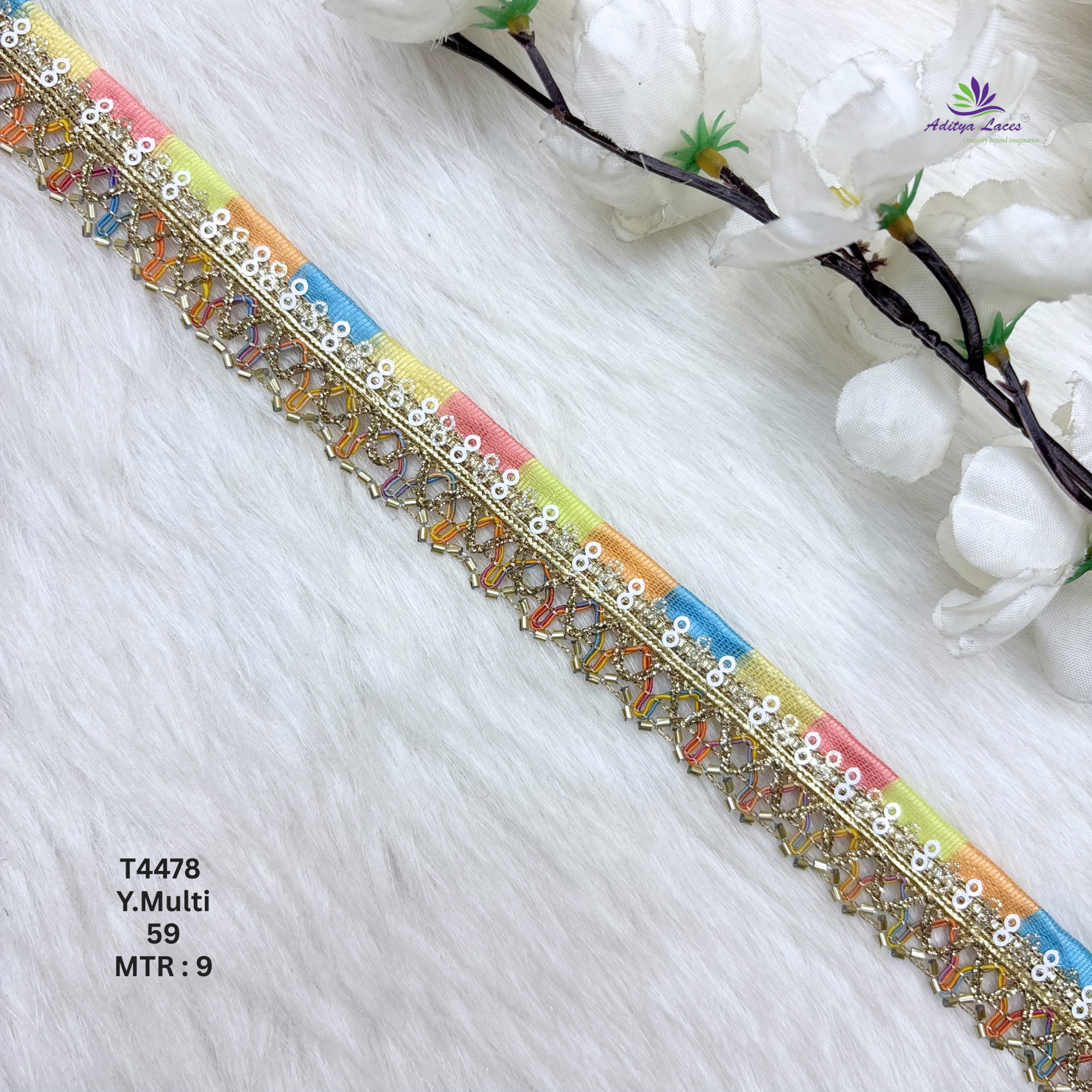Multicolor Readymade Metallic Braided Lace Trim Designer Saree Border Bridal Decorative Beads Lace