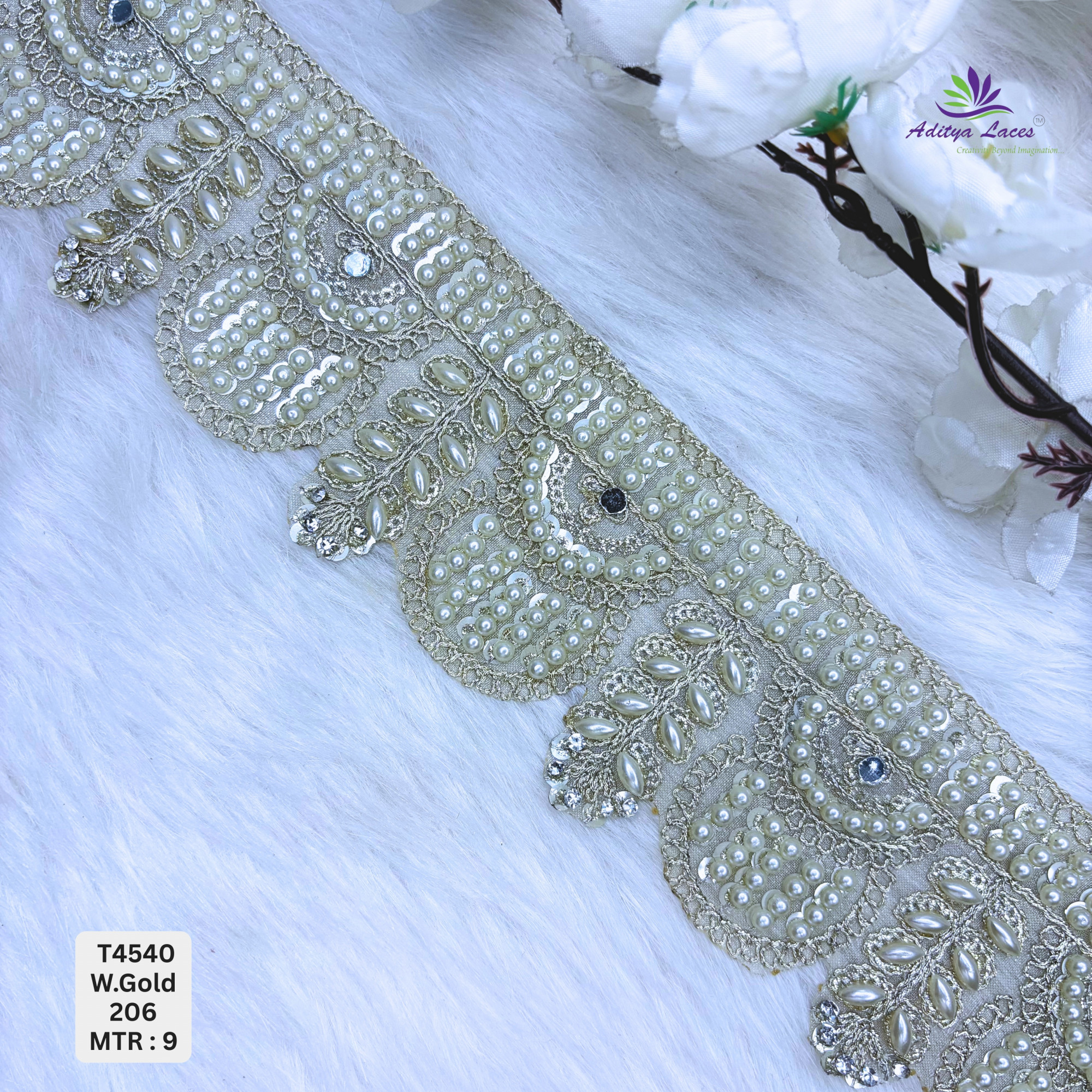 Designer Tissue Handwork Scalloped Pearl Leaf Embroidery Lace Border for Sarees Bridal Wear Ethnic Fashion Trim