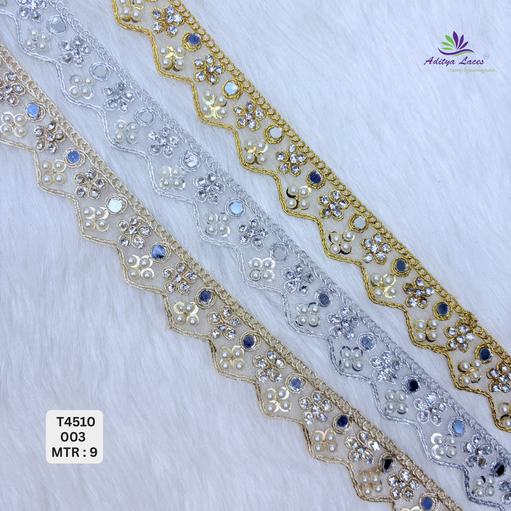 Designer Tissue Handwork Crown-Scallop Stone Lace Border for Bridal Sarees Pointed Zigzag Kundan Floral Trim