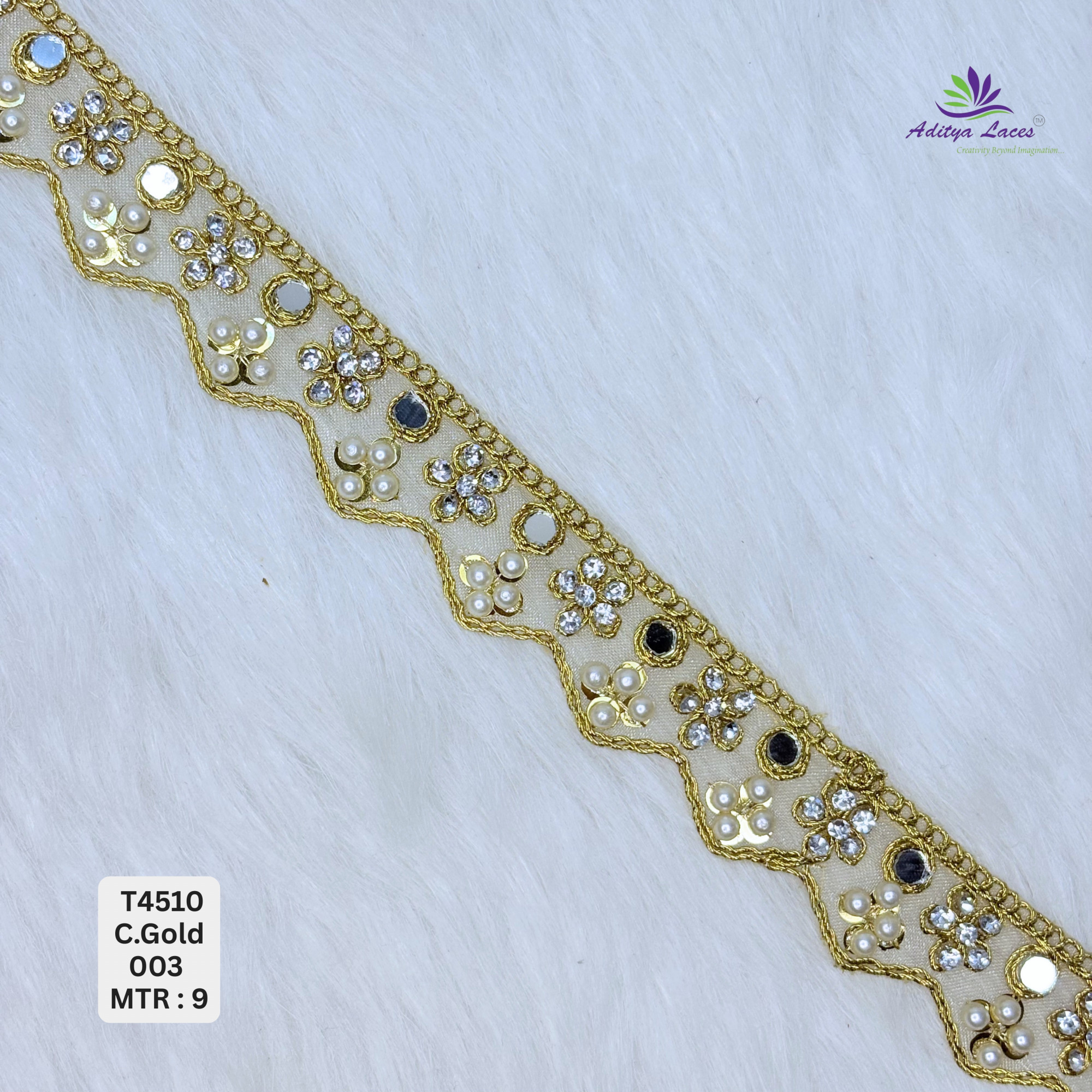 Designer Tissue Handwork Crown-Scallop Stone Lace Border for Bridal Sarees Pointed Zigzag Kundan Floral Trim