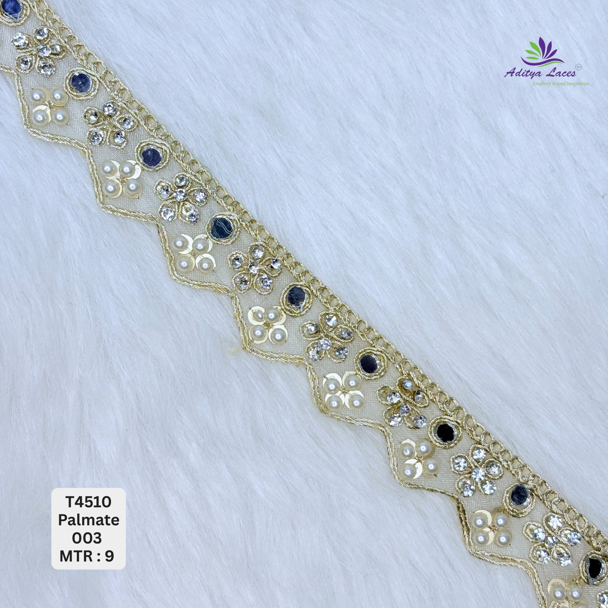 Designer Tissue Handwork Crown-Scallop Stone Lace Border for Bridal Sarees Pointed Zigzag Kundan Floral Trim