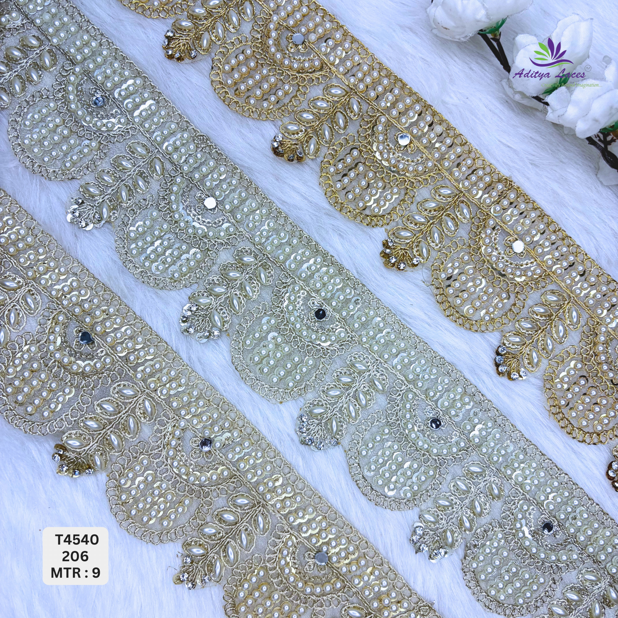 Designer Tissue Handwork Scalloped Pearl Leaf Embroidery Lace Border for Sarees Bridal Wear Ethnic Fashion Trim