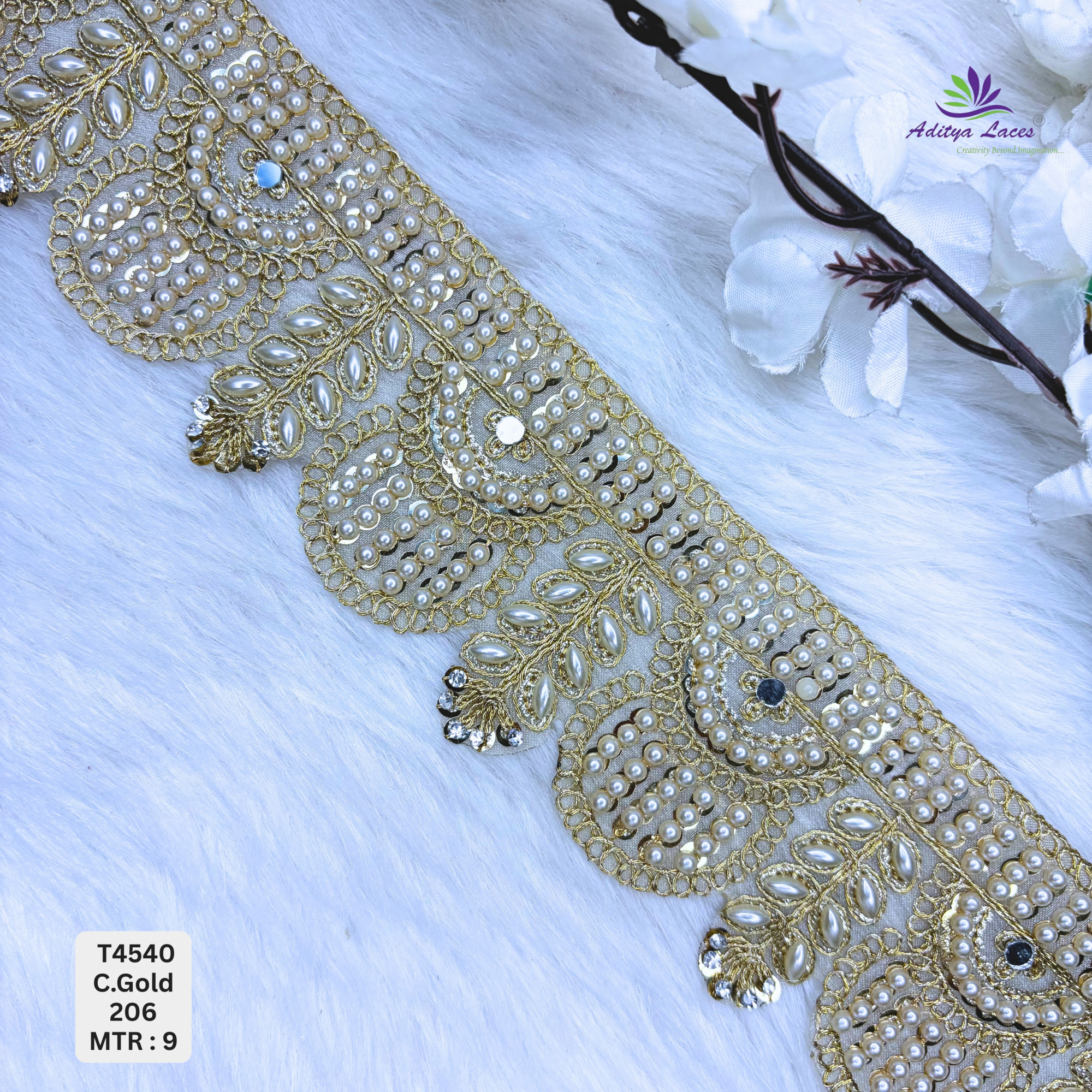 Designer Tissue Handwork Scalloped Pearl Leaf Embroidery Lace Border for Sarees Bridal Wear Ethnic Fashion Trim