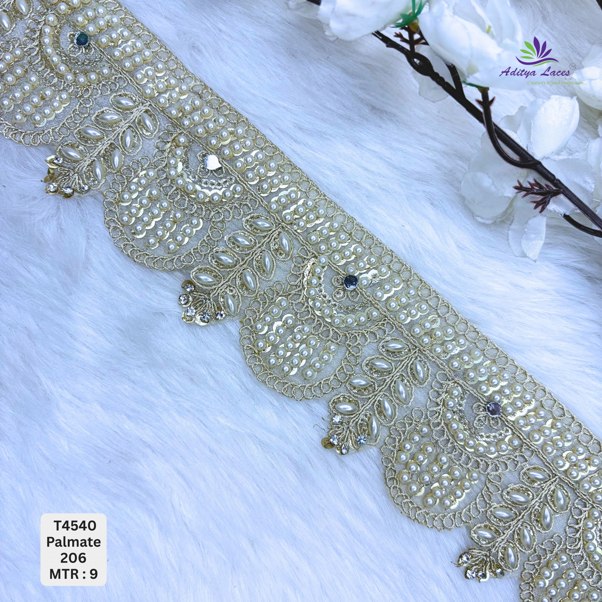 Designer Tissue Handwork Scalloped Pearl Leaf Embroidery Lace Border for Sarees Bridal Wear Ethnic Fashion Trim