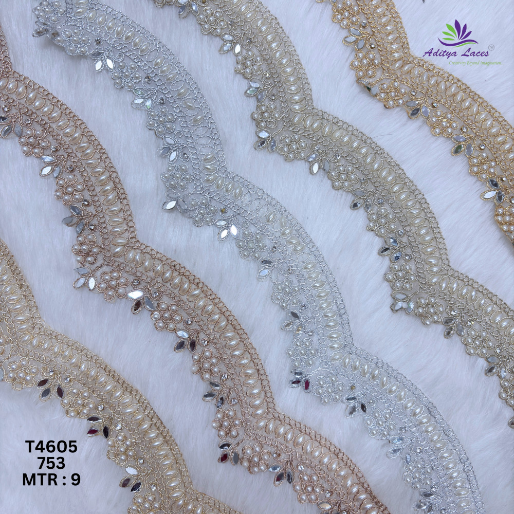 Image of Designer Tissue Handwork Wavy Pearl BEADS LACE Border for Sarees &amp; Bridal Wear – Luxury Ethnic Fashion Trim
