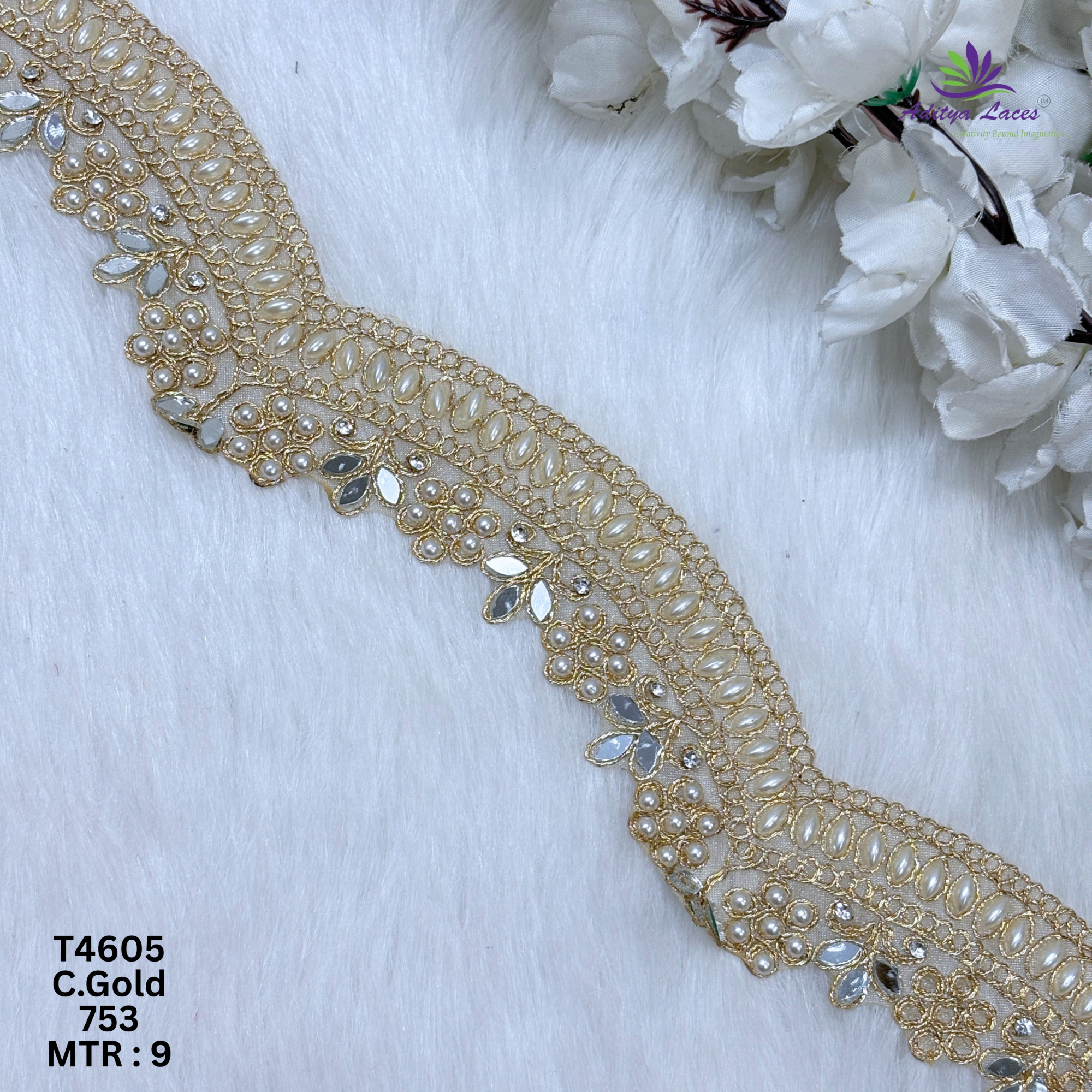 Designer Tissue Handwork Wavy Pearl BEADS LACE Border for Sarees  Bridal Wear  Luxury Ethnic Fashion Trim