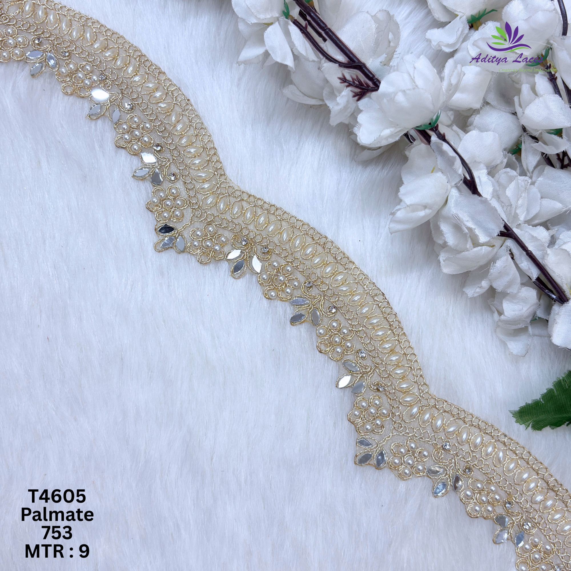 Designer Tissue Handwork Wavy Pearl BEADS LACE Border for Sarees  Bridal Wear  Luxury Ethnic Fashion Trim