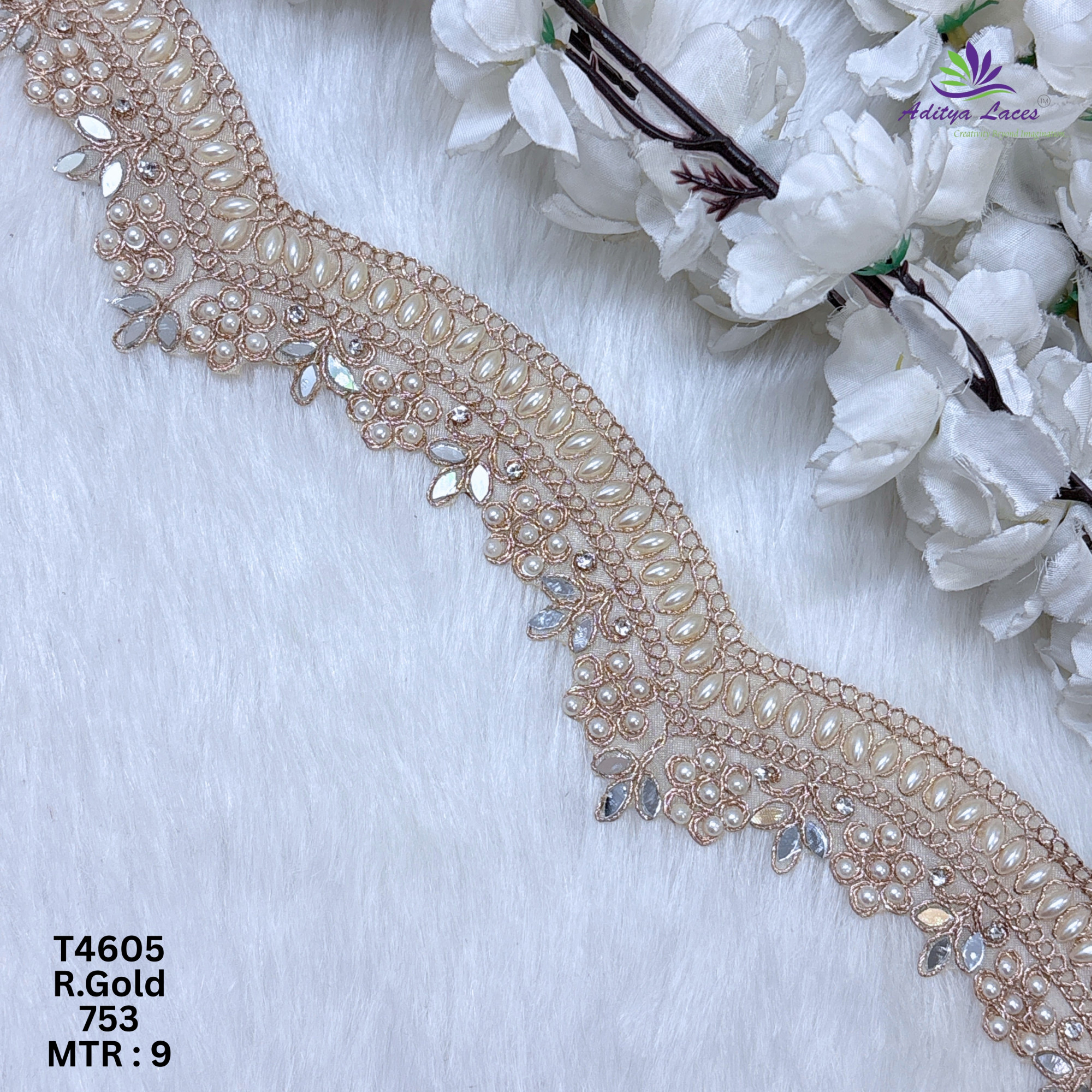 Designer Tissue Handwork Wavy Pearl BEADS LACE Border for Sarees  Bridal Wear  Luxury Ethnic Fashion Trim