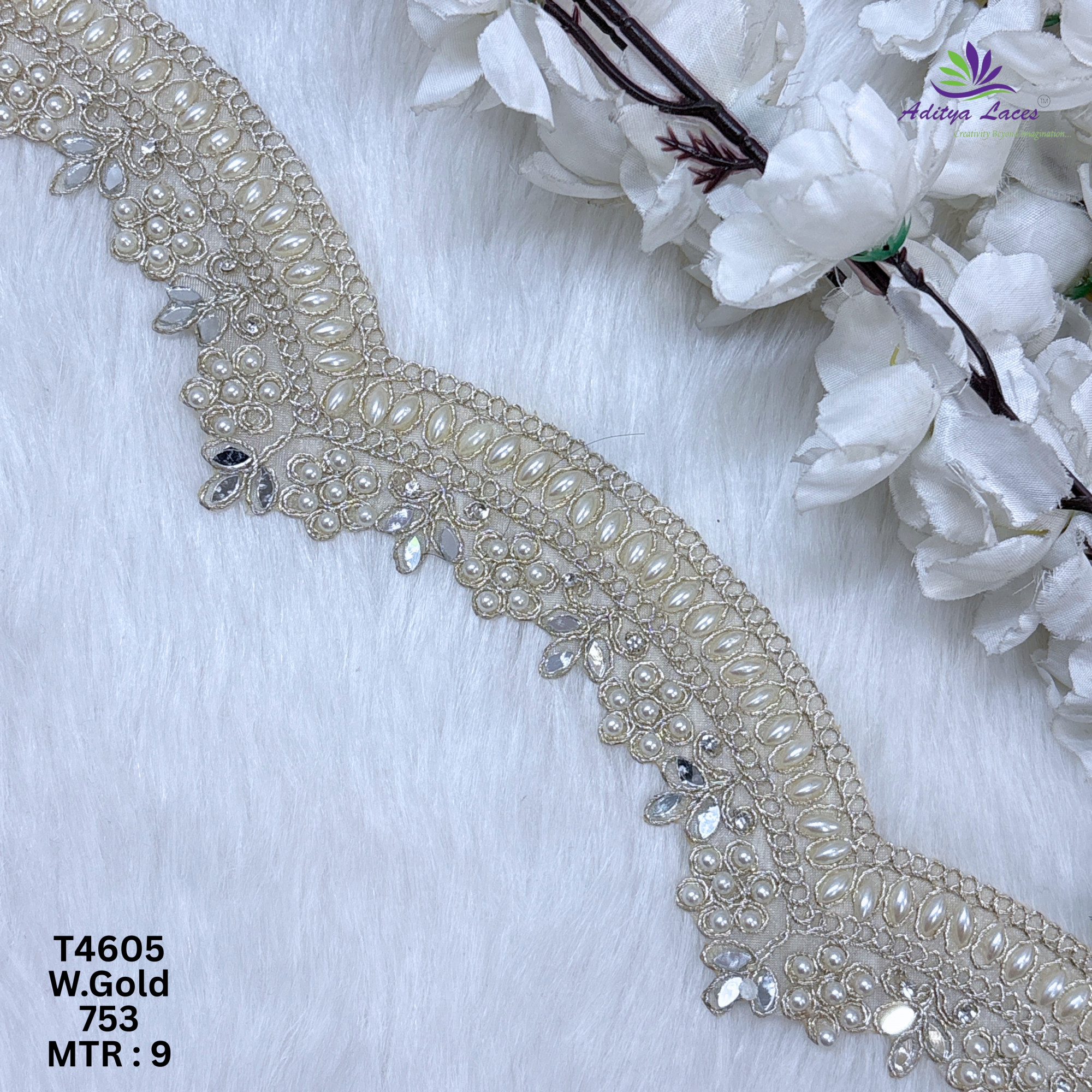 Designer Tissue Handwork Wavy Pearl BEADS LACE Border for Sarees Bridal Wear Luxury Ethnic Fashion Trim