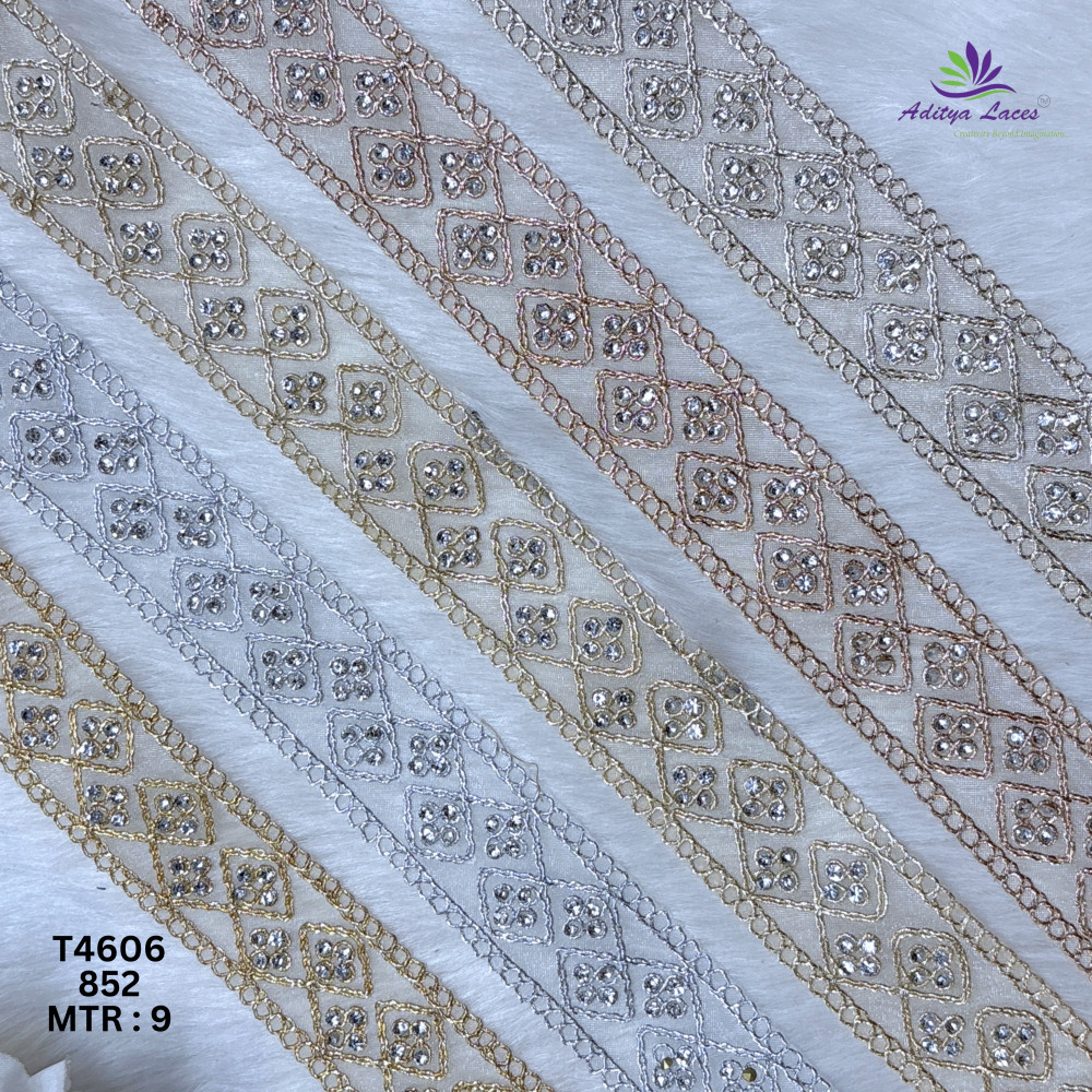Image of Designer Tissue Handwork Geometric Diamond Stone Lace Border for Sarees &amp; Bridal Wear – Ethnic Fashion Trim