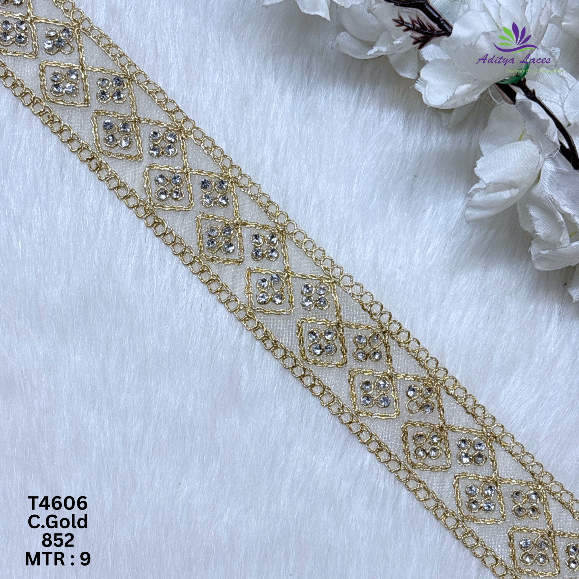 Designer Tissue Handwork Geometric Diamond Stone Lace Border for Sarees Bridal Wear Ethnic Fashion Trim