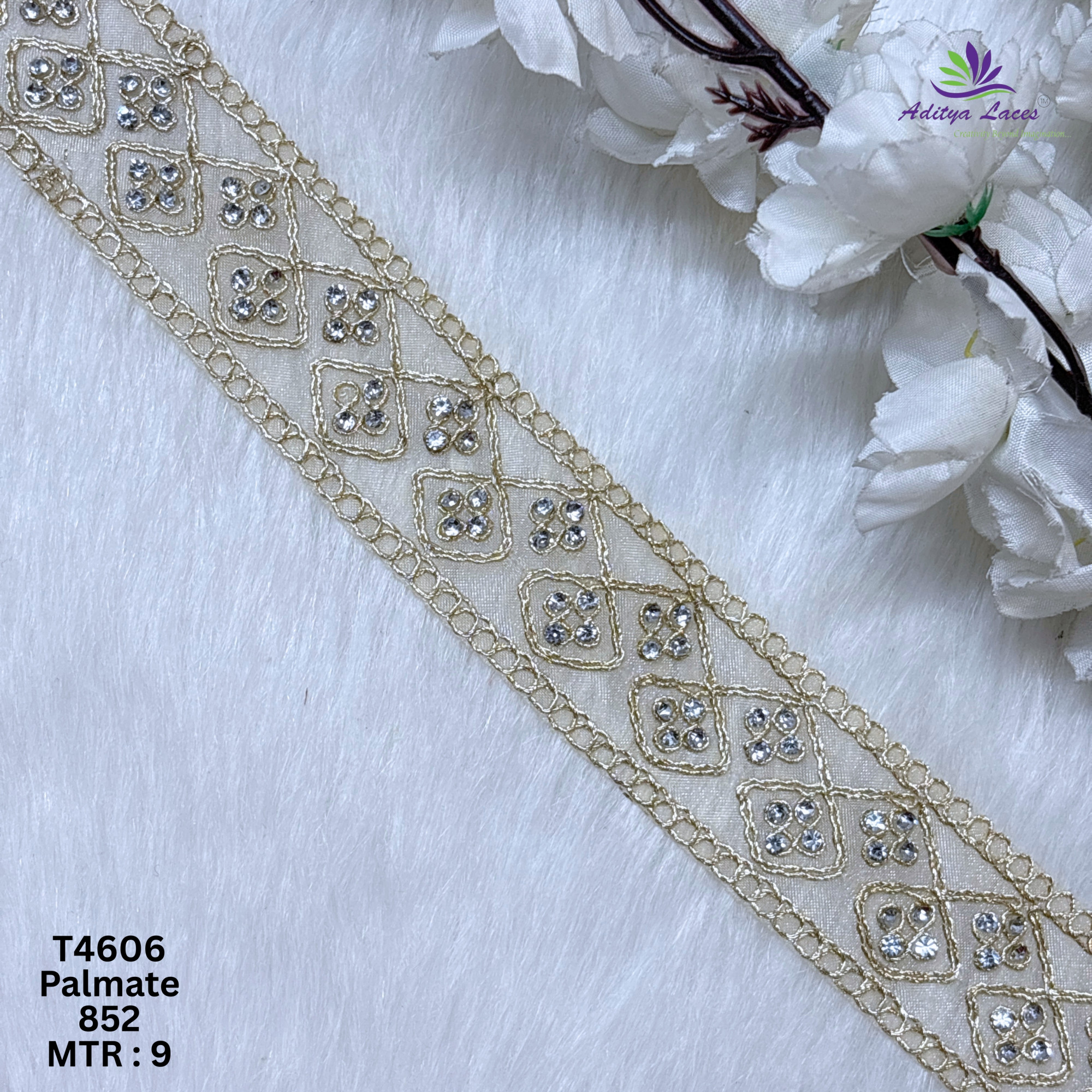 Designer Tissue Handwork Geometric Diamond Stone Lace Border for Sarees  Bridal Wear  Ethnic Fashion Trim