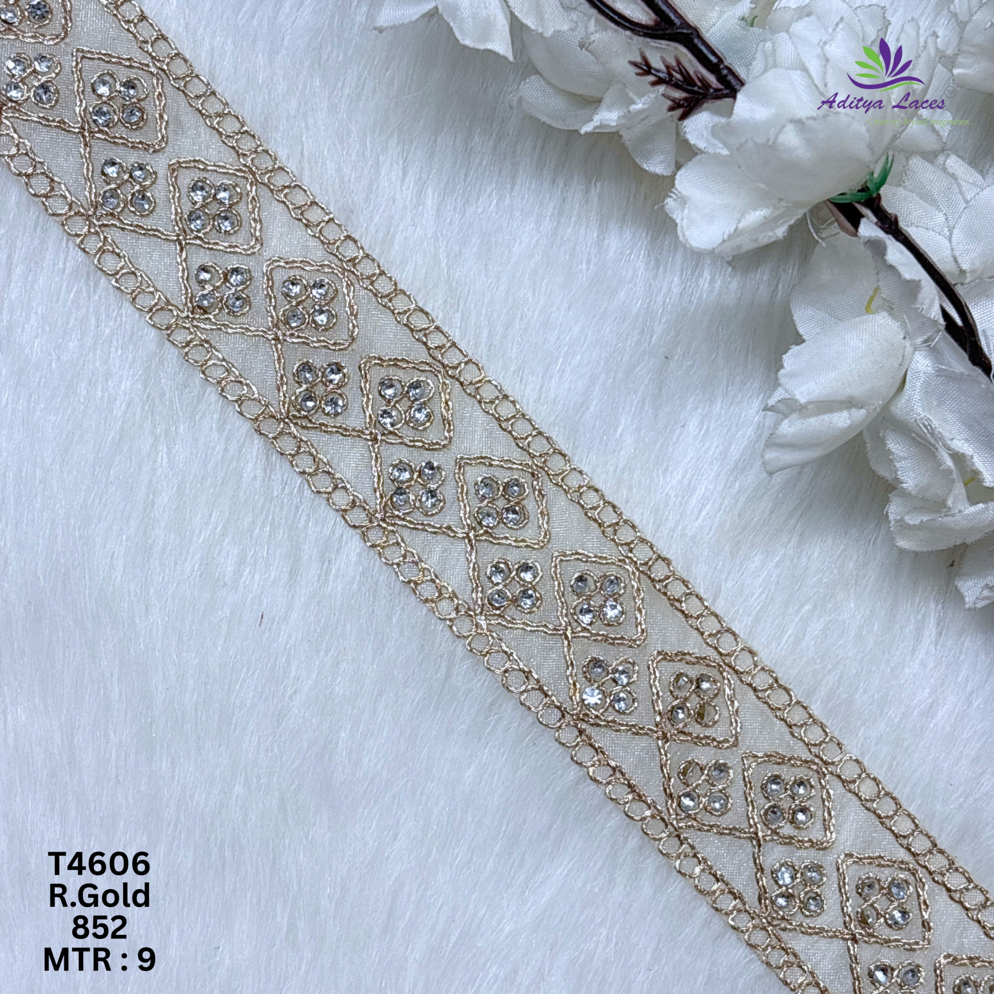 Designer Tissue Handwork Geometric Diamond Stone Lace Border for Sarees Bridal Wear Ethnic Fashion Trim