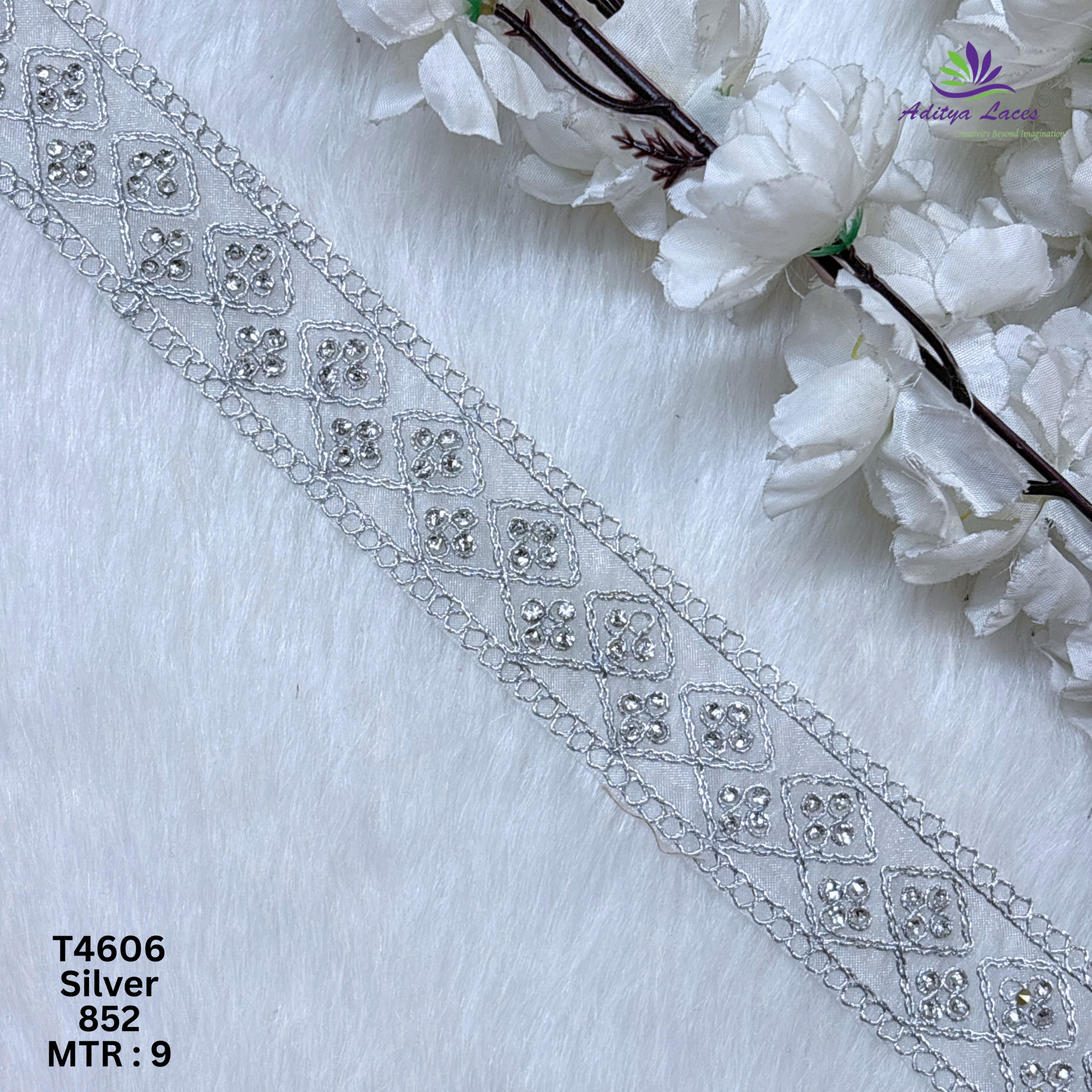Designer Tissue Handwork Geometric Diamond Stone Lace Border for Sarees Bridal Wear Ethnic Fashion Trim