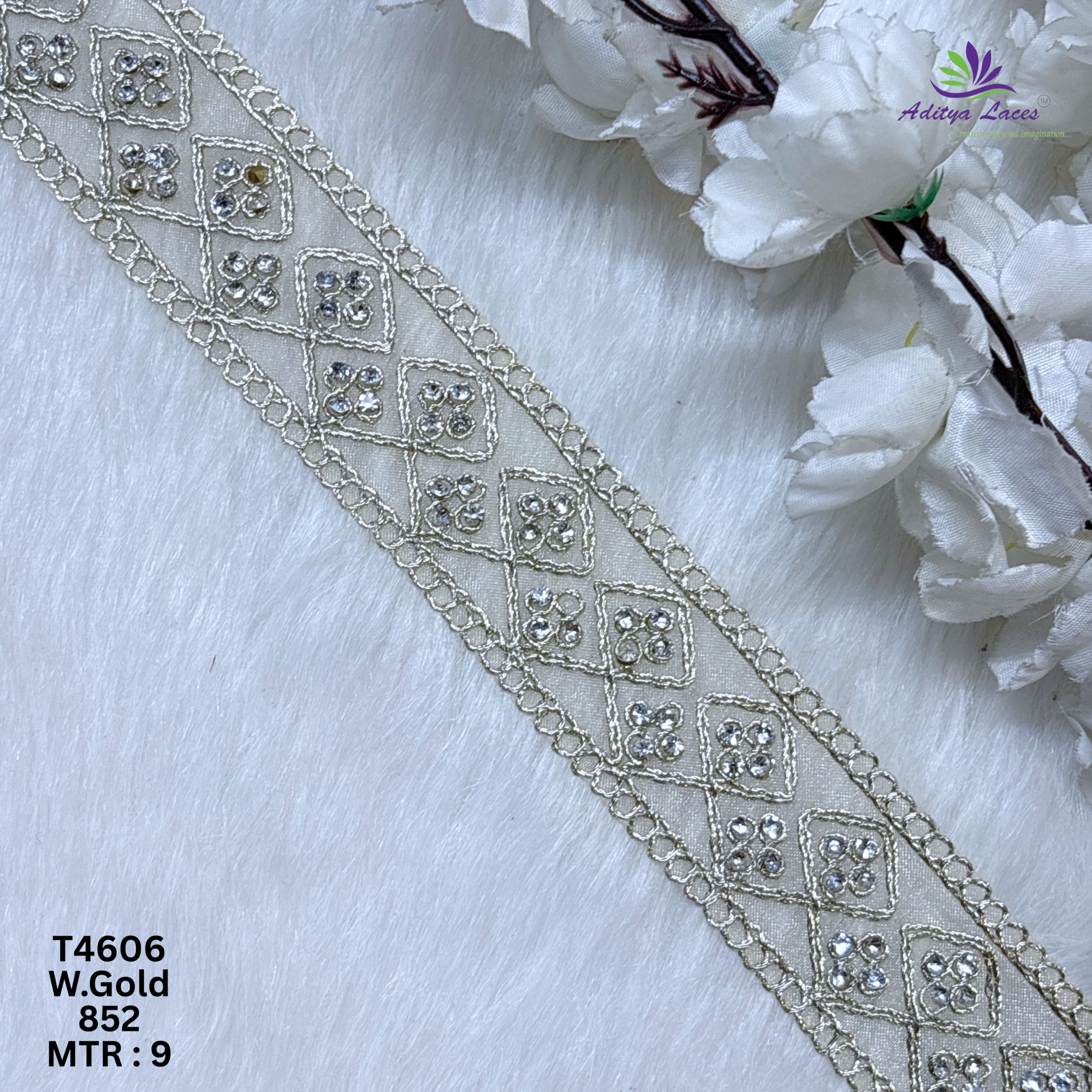 Designer Tissue Handwork Geometric Diamond Stone Lace Border for Sarees Bridal Wear Ethnic Fashion Trim